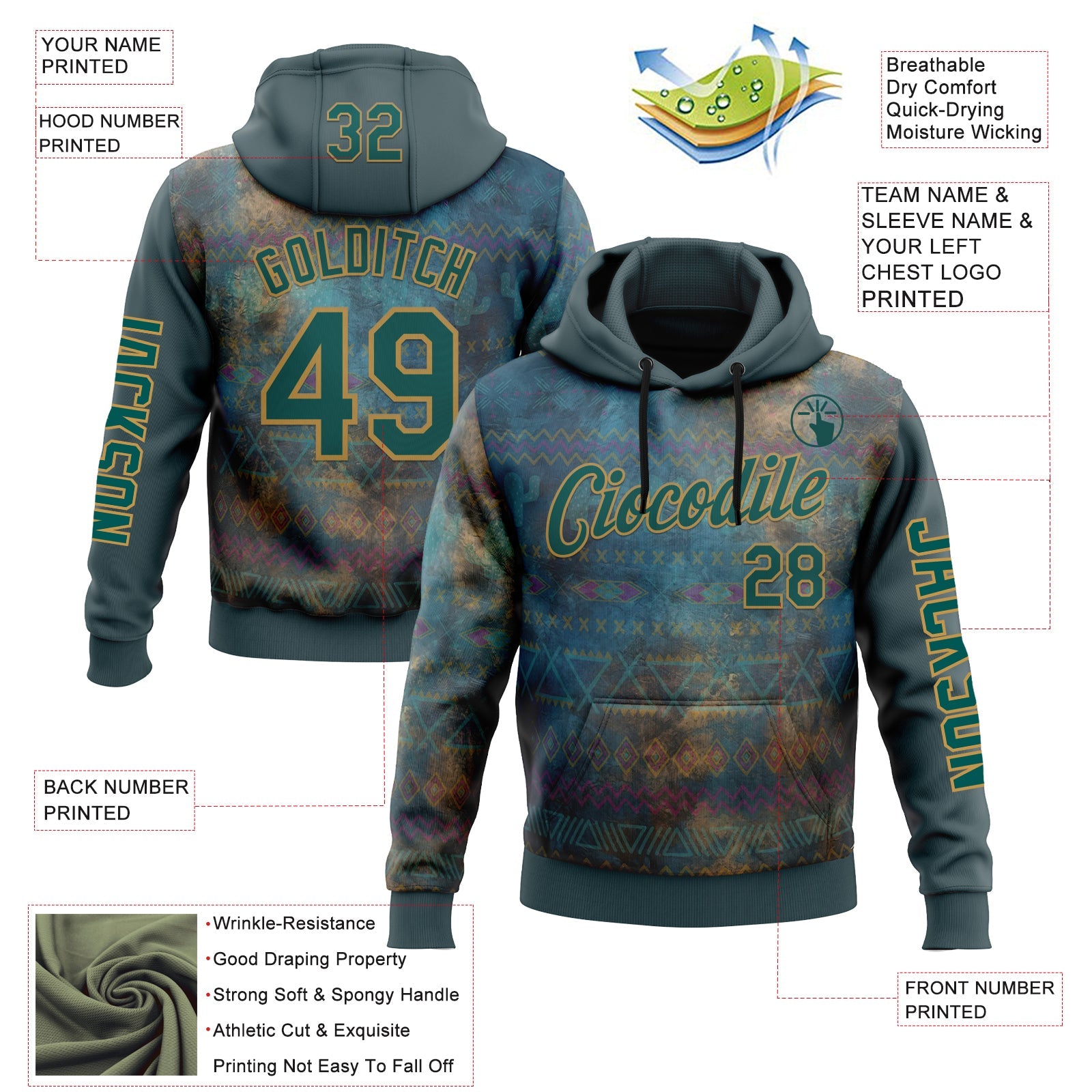 Custom Green Midnight Green-Old Gold 3D Pattern Design Ethnic Tribal Sportswear Pullover Sweatshirt Hoodie view 2