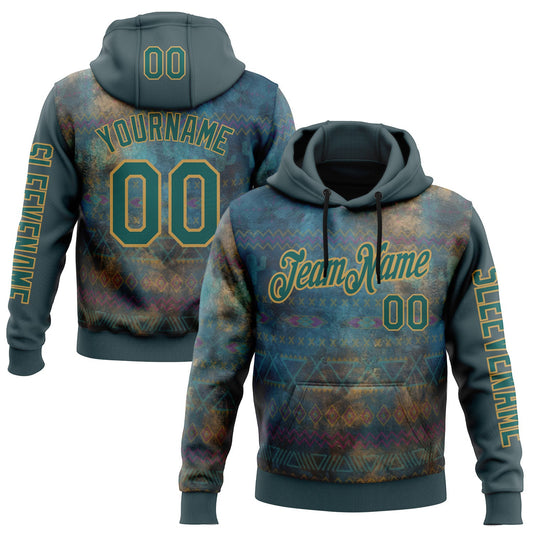 Custom Green Midnight Green-Old Gold 3D Pattern Design Ethnic Tribal Sportswear Pullover Sweatshirt Hoodie - Main View