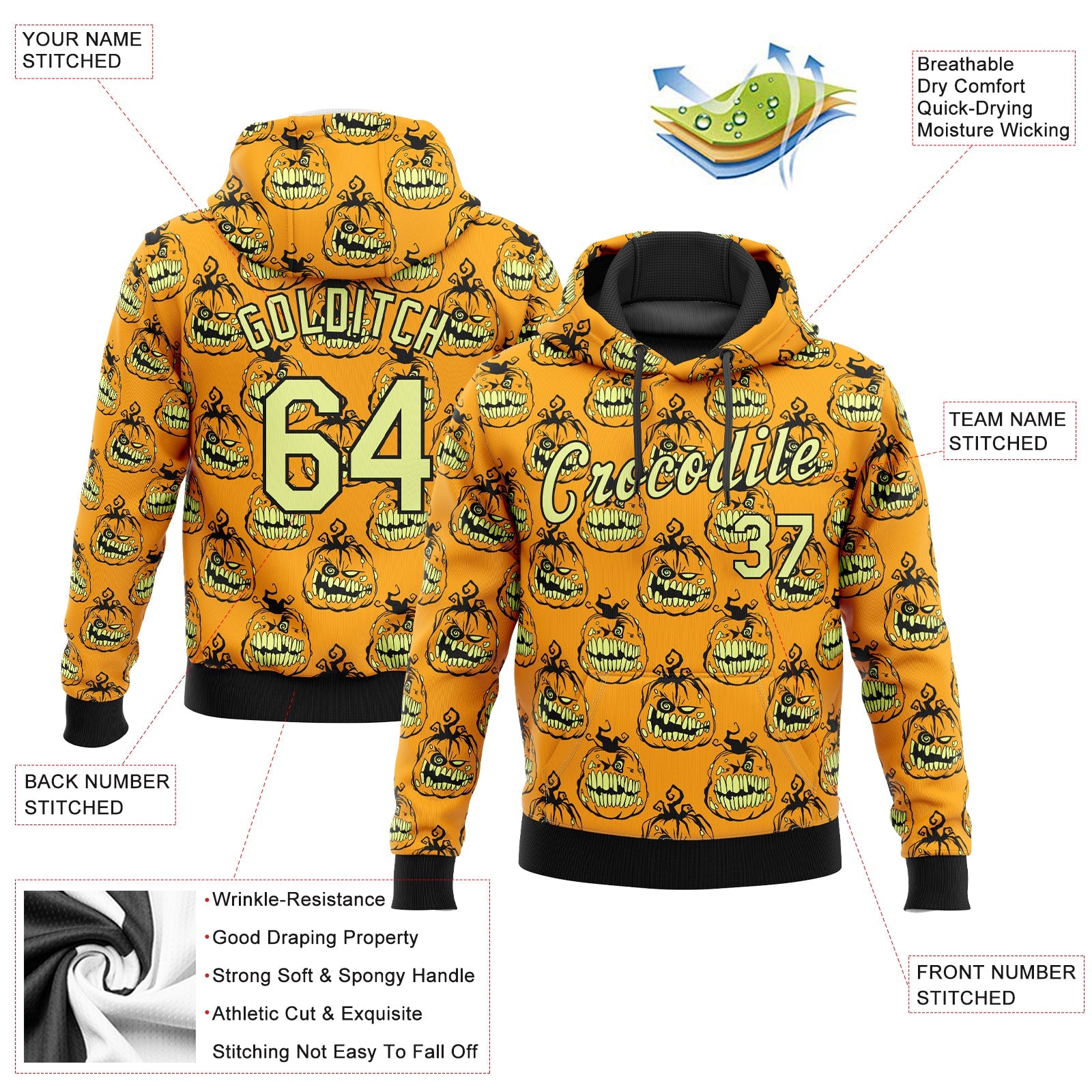 Custom Stitched Gold Gold-Black 3D Pattern Smiling Pumpkin Halloween Sports Pullover Sweatshirt Hoodie view 2