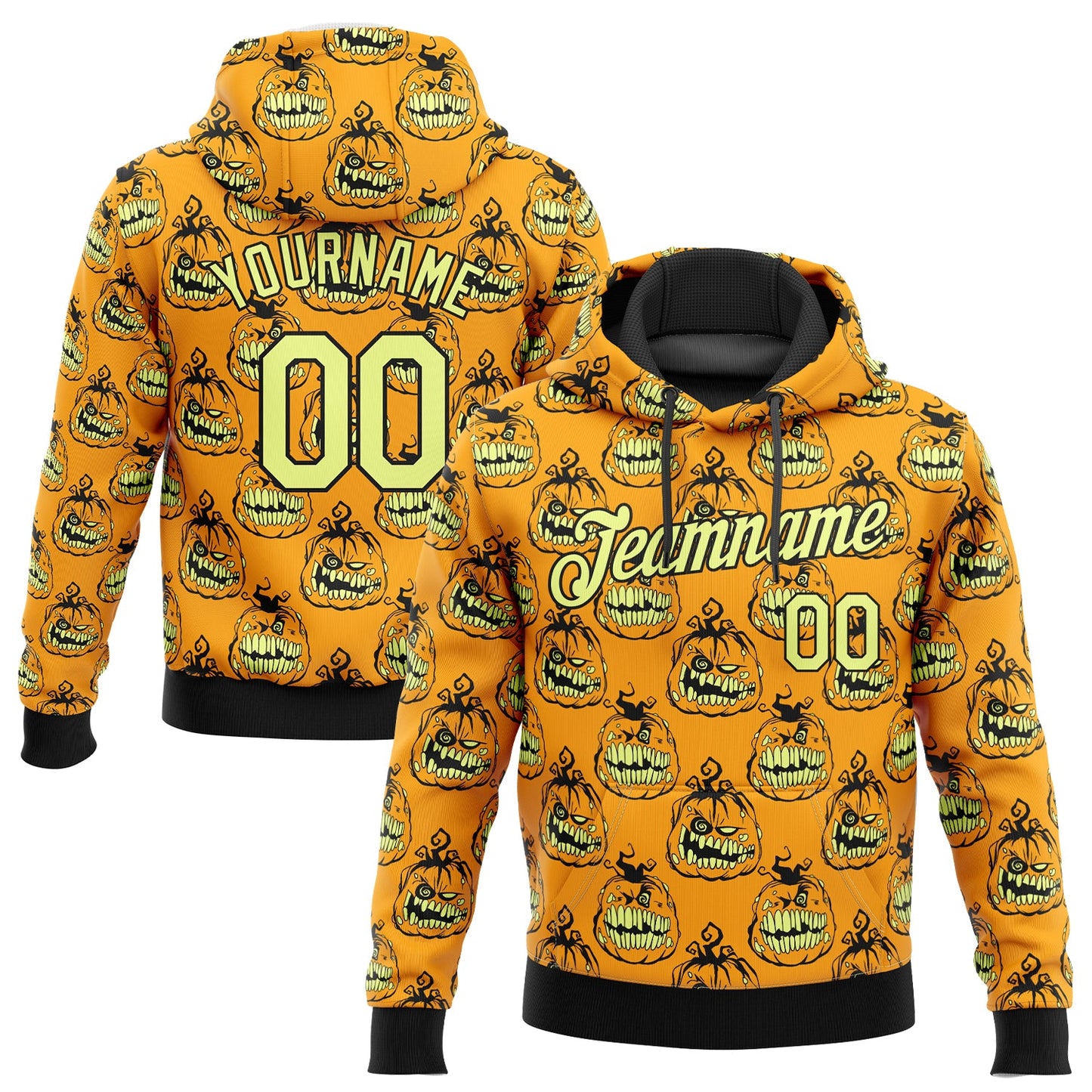 Custom Stitched Gold Gold-Black 3D Pattern Smiling Pumpkin Halloween Sports Pullover Sweatshirt Hoodie - Main View