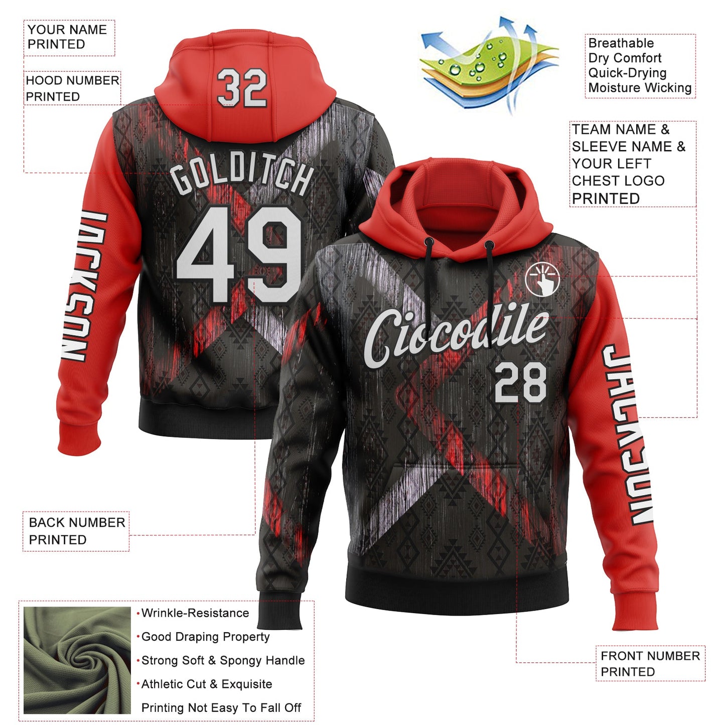 Custom Black White-Red 3D Pattern Design Ethnic Tribal Sportswear Pullover Sweatshirt Hoodie view 2
