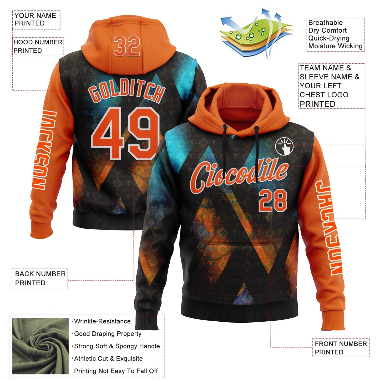 Custom Black Orange-White 3D Pattern Design Ethnic Tribal Sportswear Pullover Sweatshirt Hoodie view 2