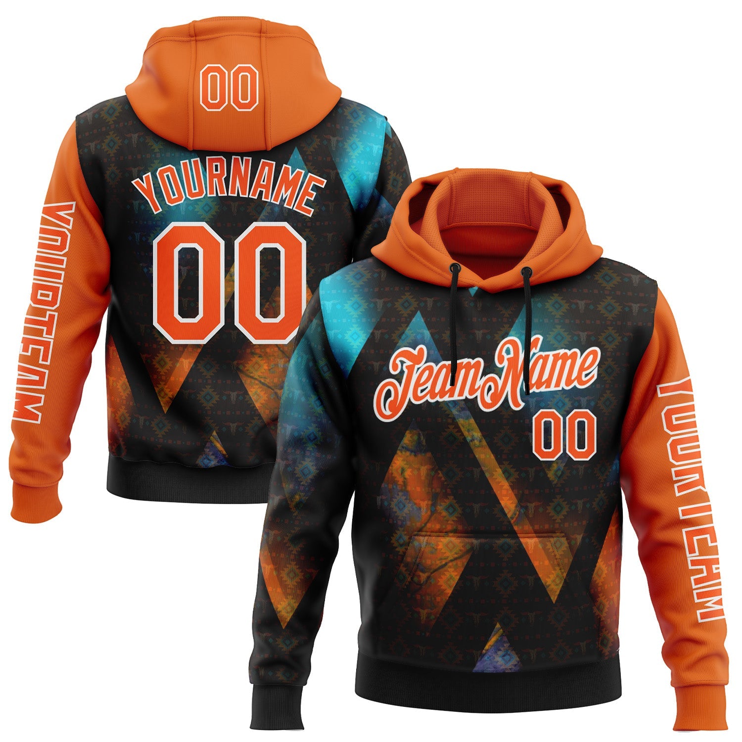 Custom Black Orange-White 3D Pattern Design Ethnic Tribal Sportswear Pullover Sweatshirt Hoodie - Main View