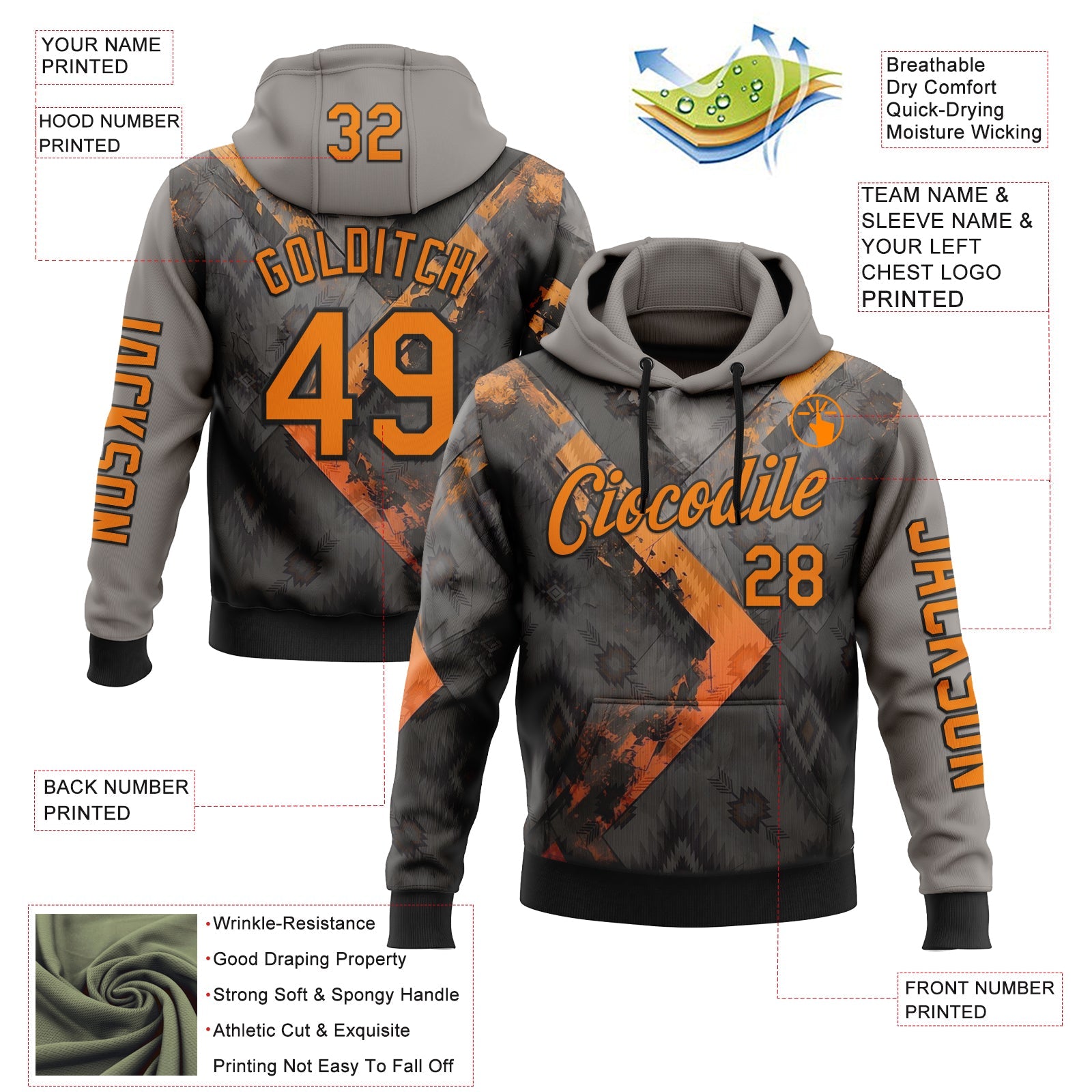 Custom Gray Bay Orange-Black 3D Pattern Design Ethnic Tribal Sportswear Pullover Sweatshirt Hoodie view 2
