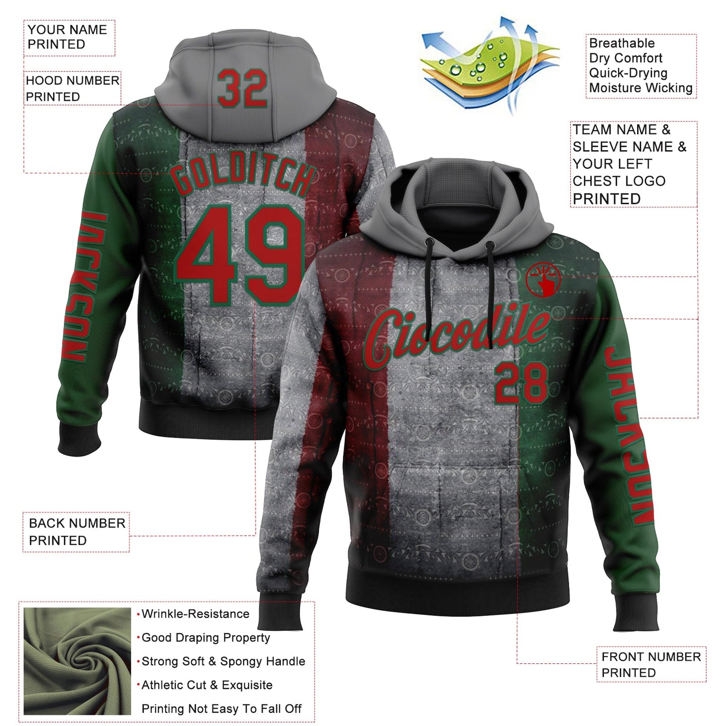 Custom Gray Red-Kelly Green 3D Pattern Design Meixican Tribal Sportswear Pullover Sweatshirt Hoodie view 2