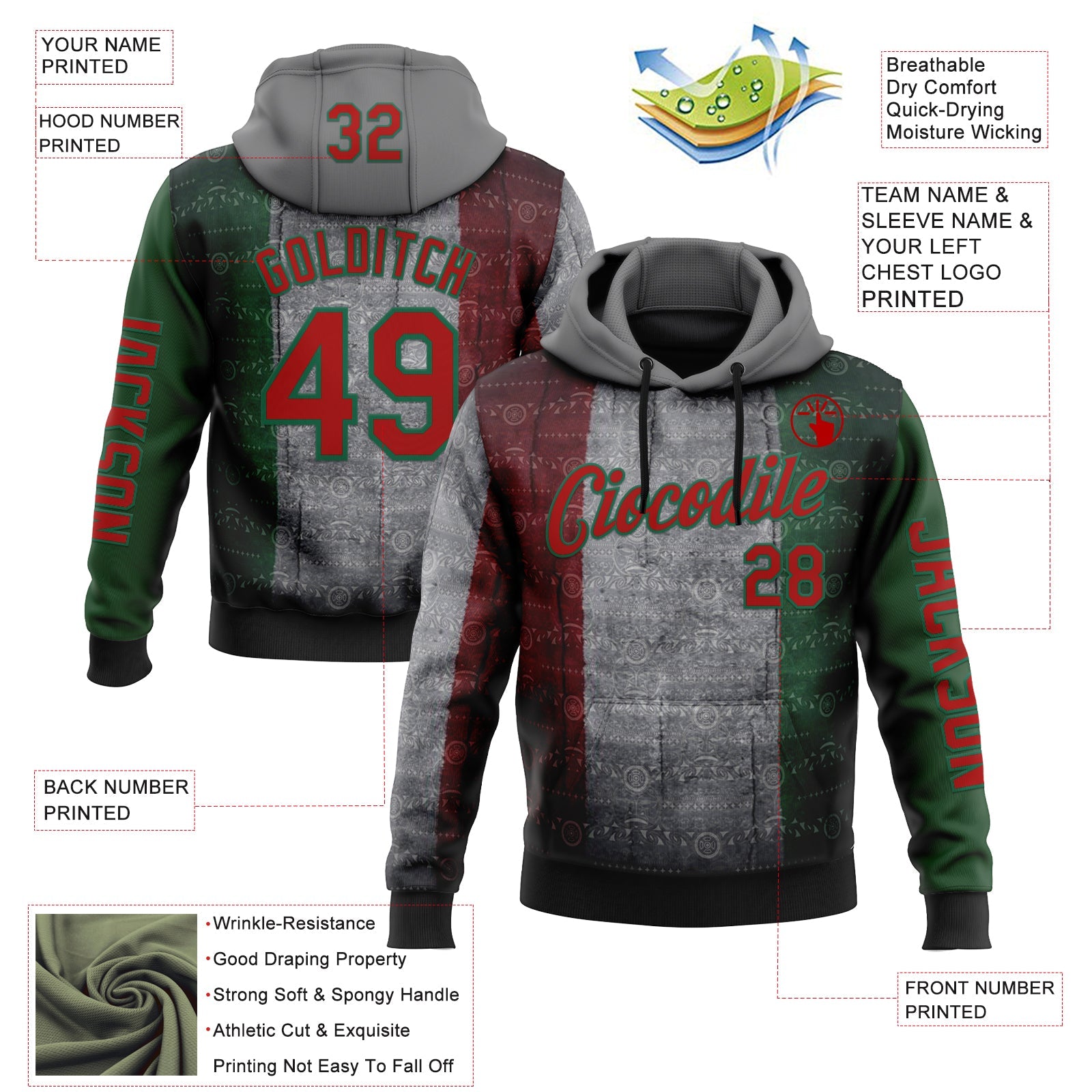 Custom Gray Red-Kelly Green 3D Pattern Design Meixican Tribal Sportswear Pullover Sweatshirt Hoodie view 2
