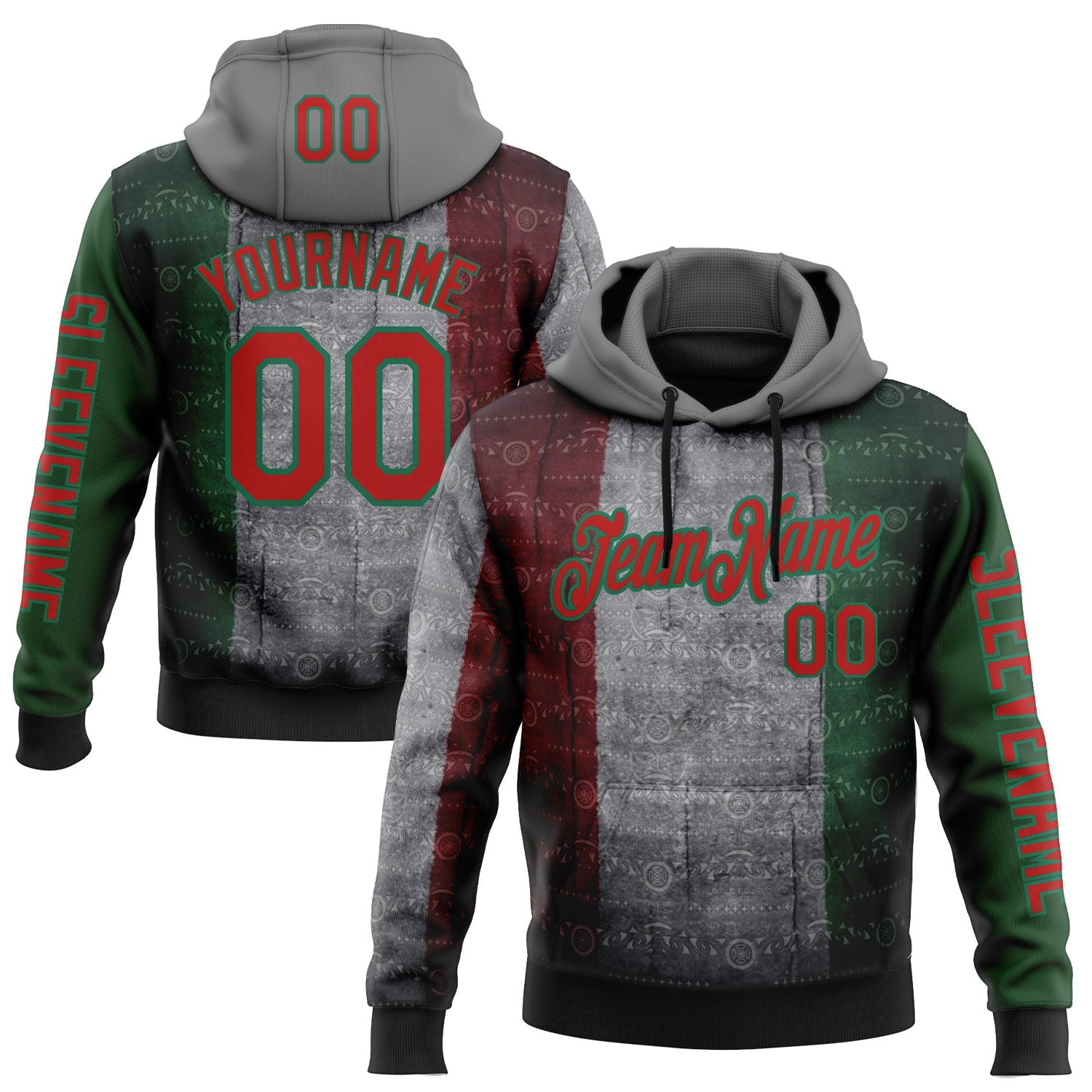 Custom Gray Red-Kelly Green 3D Pattern Design Meixican Tribal Sportswear Pullover Sweatshirt Hoodie - Main View