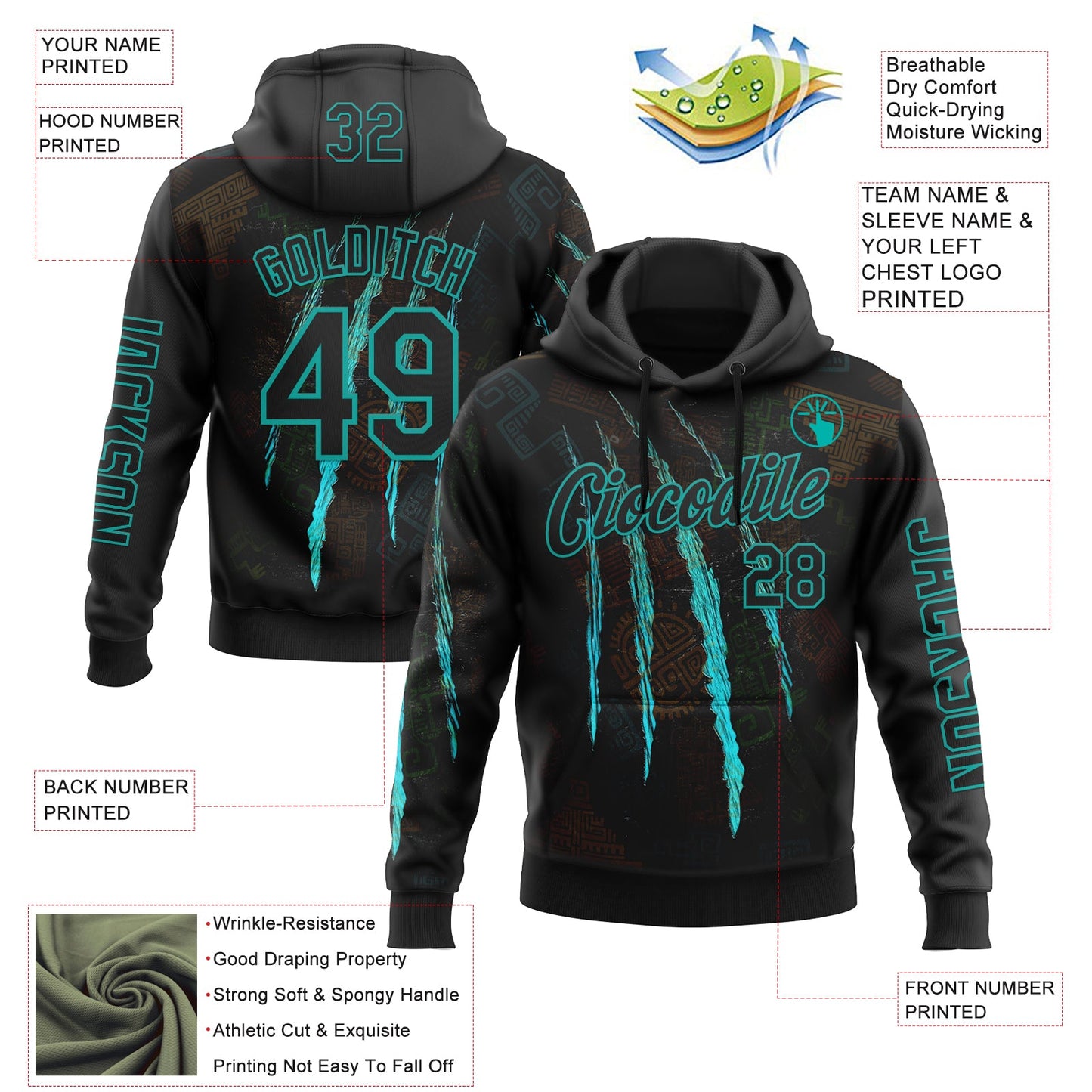 Custom Black Aqua 3D Pattern Design Scratch Tribal Sportswear Pullover Sweatshirt Hoodie view 2