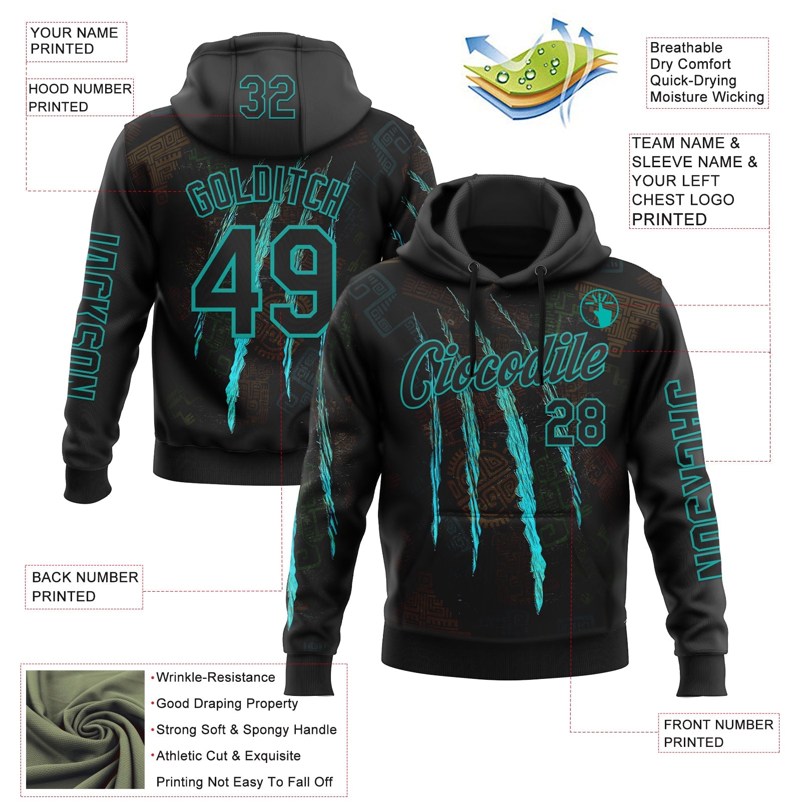 Custom Black Aqua 3D Pattern Design Scratch Tribal Sportswear Pullover Sweatshirt Hoodie view 2