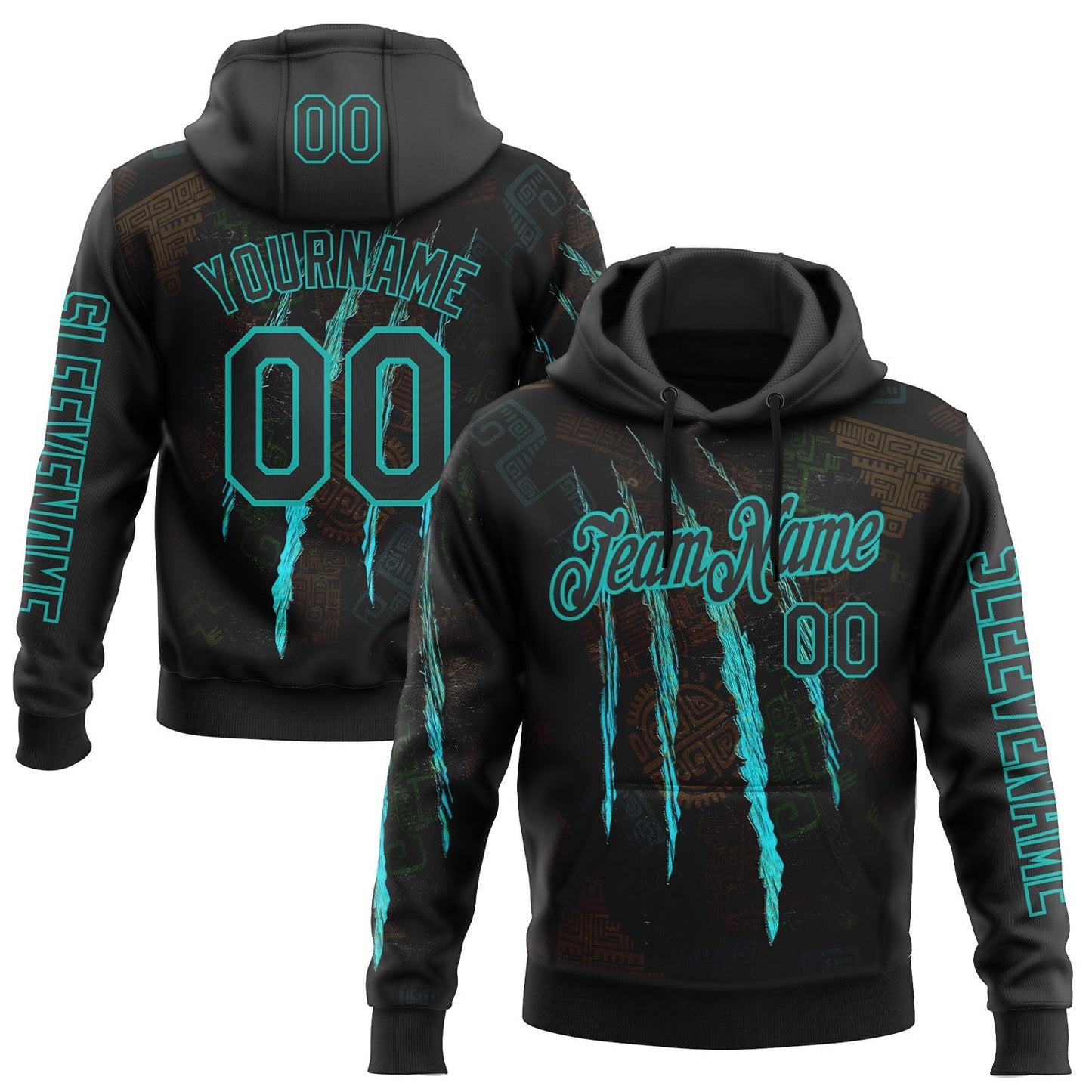Custom Black Aqua 3D Pattern Design Scratch Tribal Sportswear Pullover Sweatshirt Hoodie - Main View