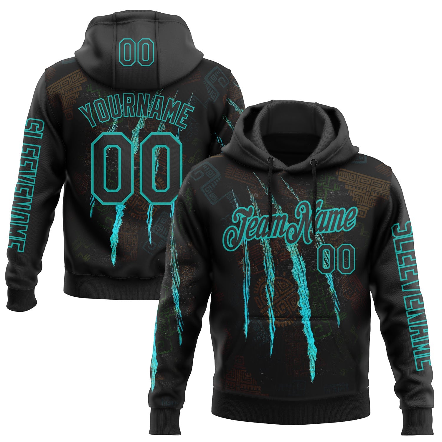 Custom Black Aqua 3D Pattern Design Scratch Tribal Sportswear Pullover Sweatshirt Hoodie - Main View