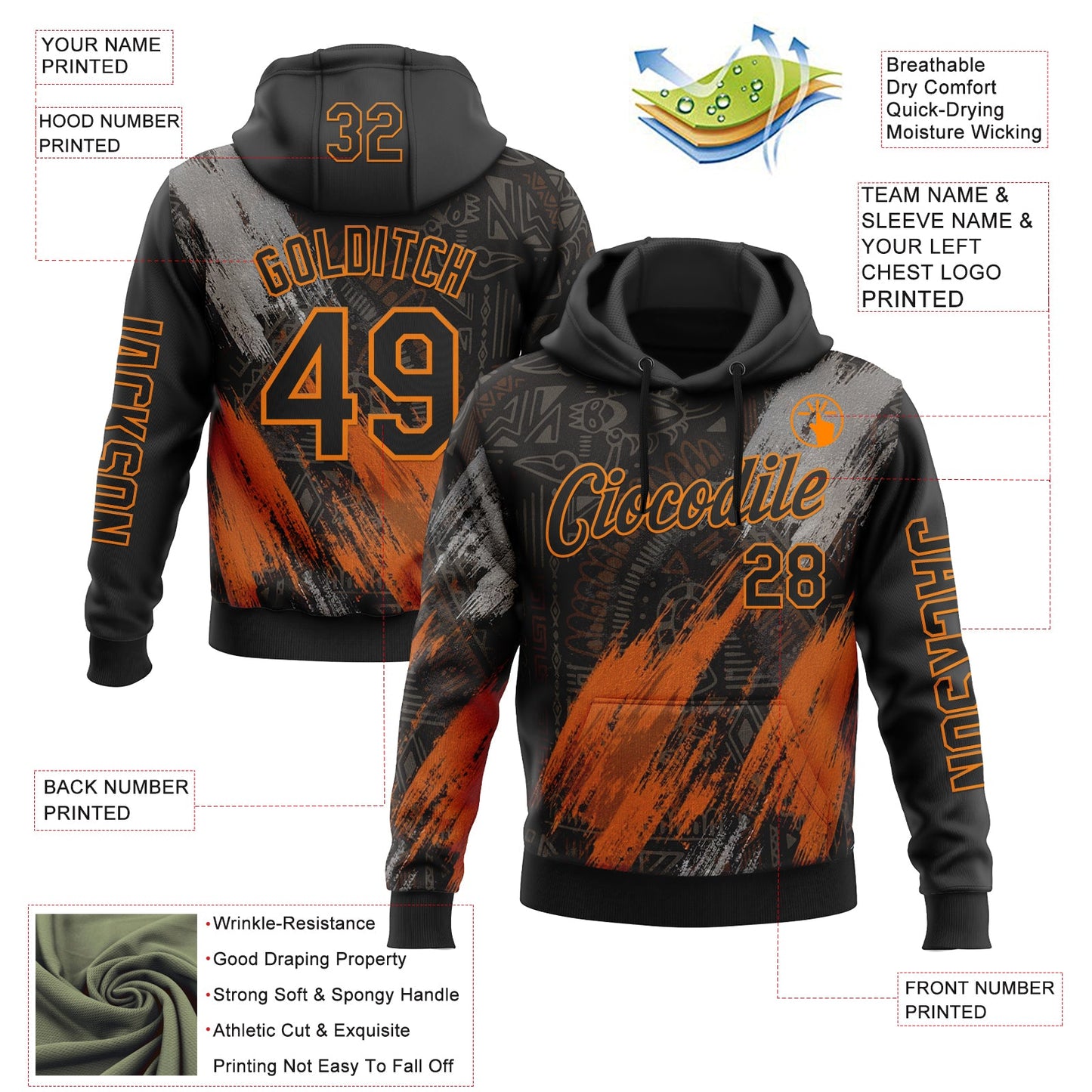 Custom Black Bay Orange-Gray 3D Pattern Design Ethnic Tribal Sportswear Pullover Sweatshirt Hoodie view 2