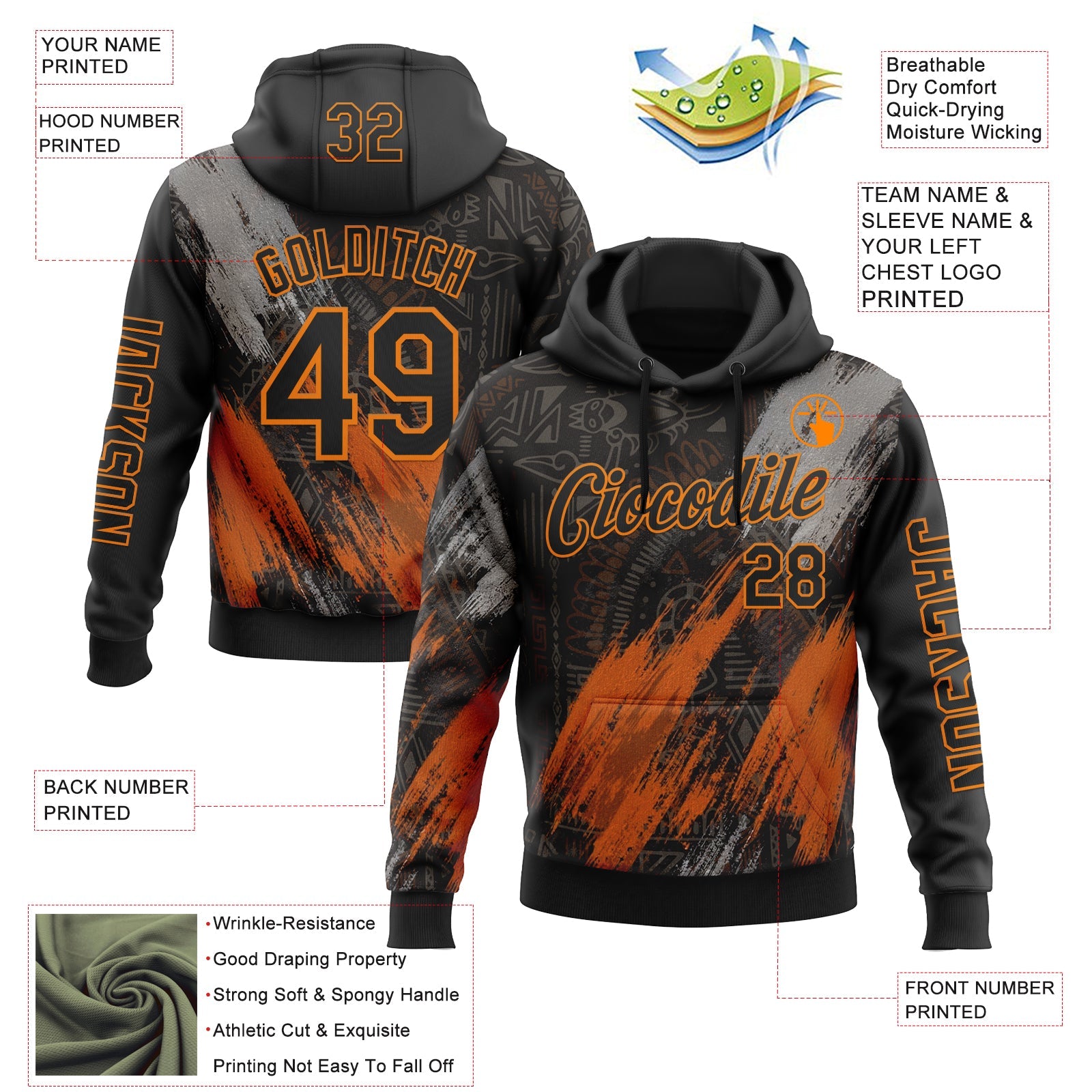 Custom Black Bay Orange-Gray 3D Pattern Design Ethnic Tribal Sportswear Pullover Sweatshirt Hoodie view 2