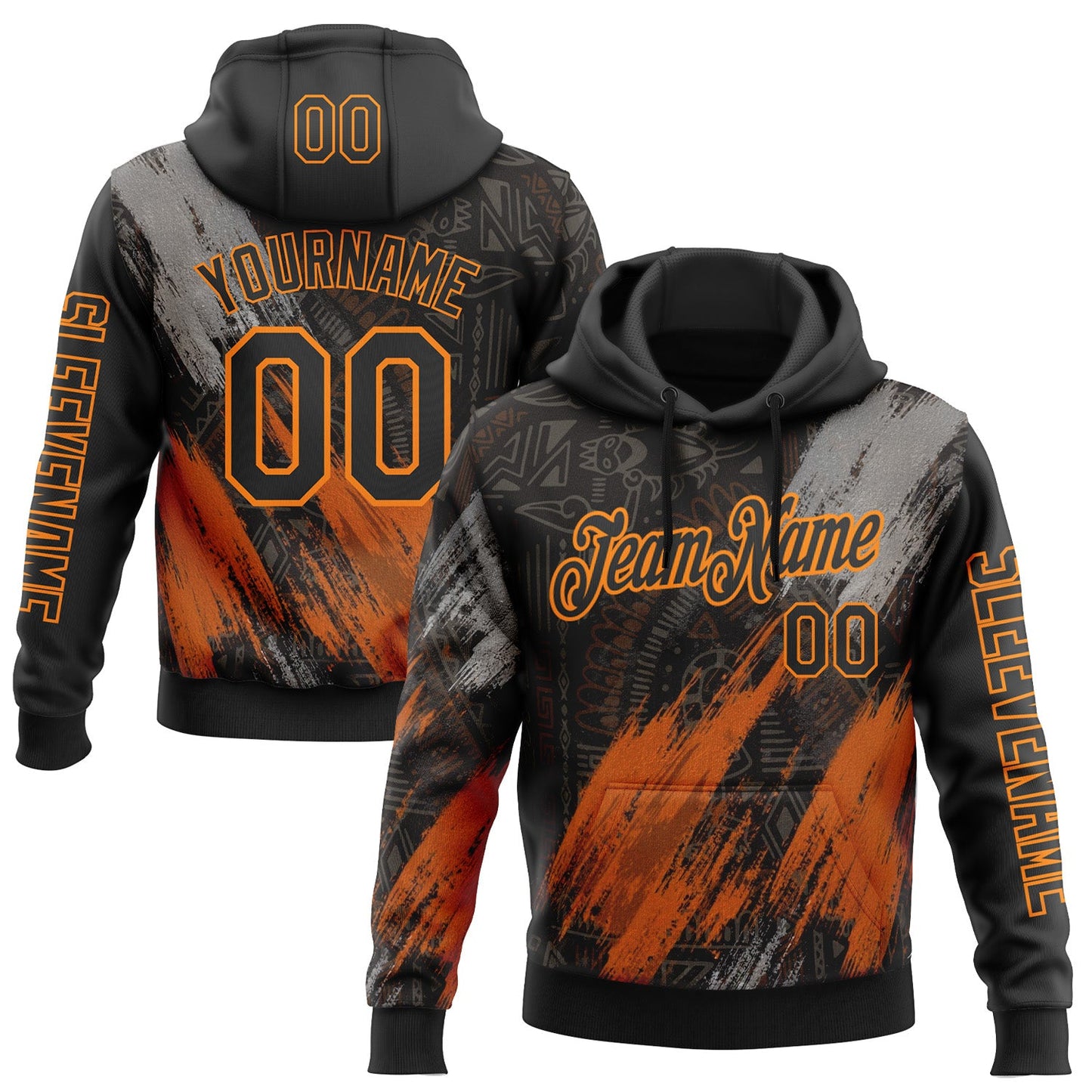 Custom Black Bay Orange-Gray 3D Pattern Design Ethnic Tribal Sportswear Pullover Sweatshirt Hoodie - Main View