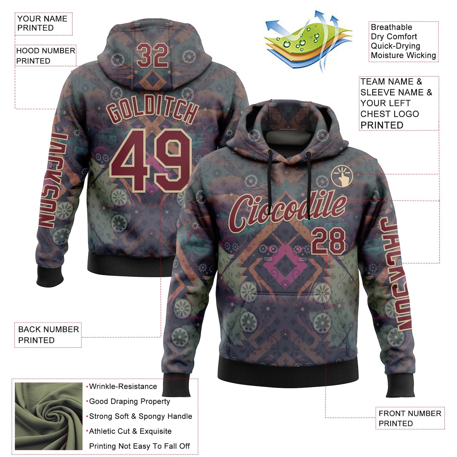 Custom Gray Burgundy-City Cream 3D Pattern Design Ethnic Tribal Sportswear Pullover Sweatshirt Hoodie view 2
