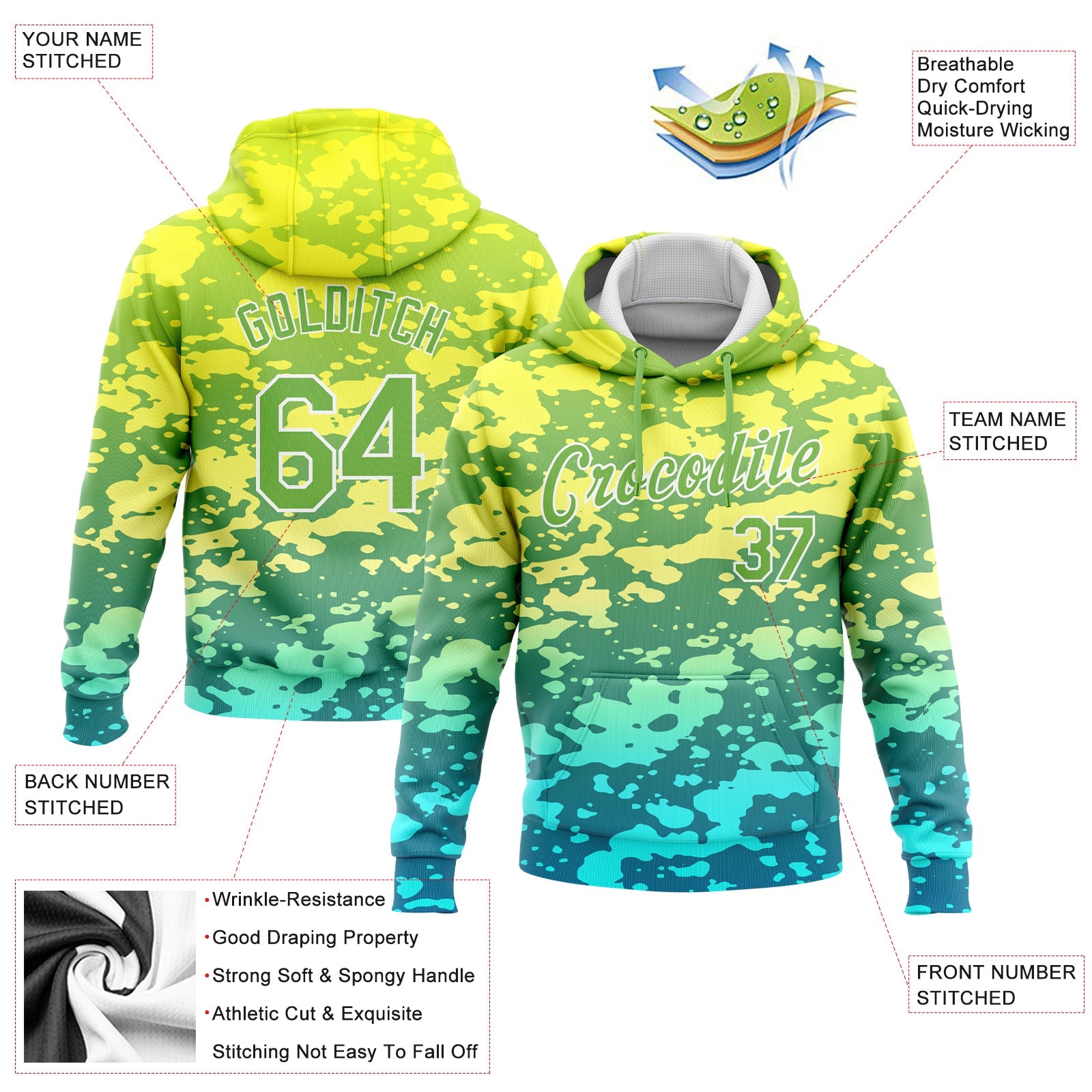 Custom Stitched Gold Neon Green-White 3D Pattern Design Gradient Abstract Sports Pullover Sweatshirt Hoodie view 2