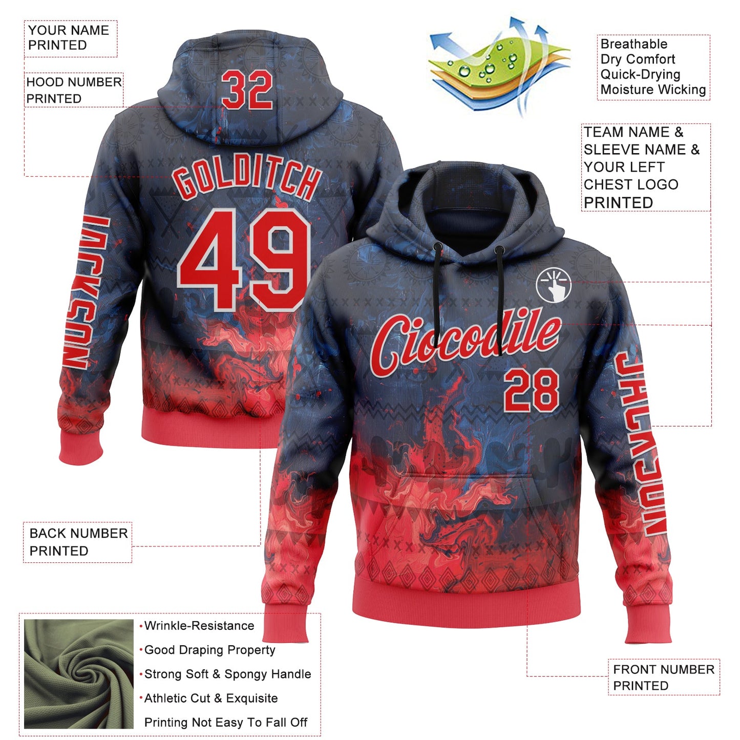 Custom Navy Fire Red-White 3D Pattern Design Ethnic Tribal Sportswear Pullover Sweatshirt Hoodie view 2