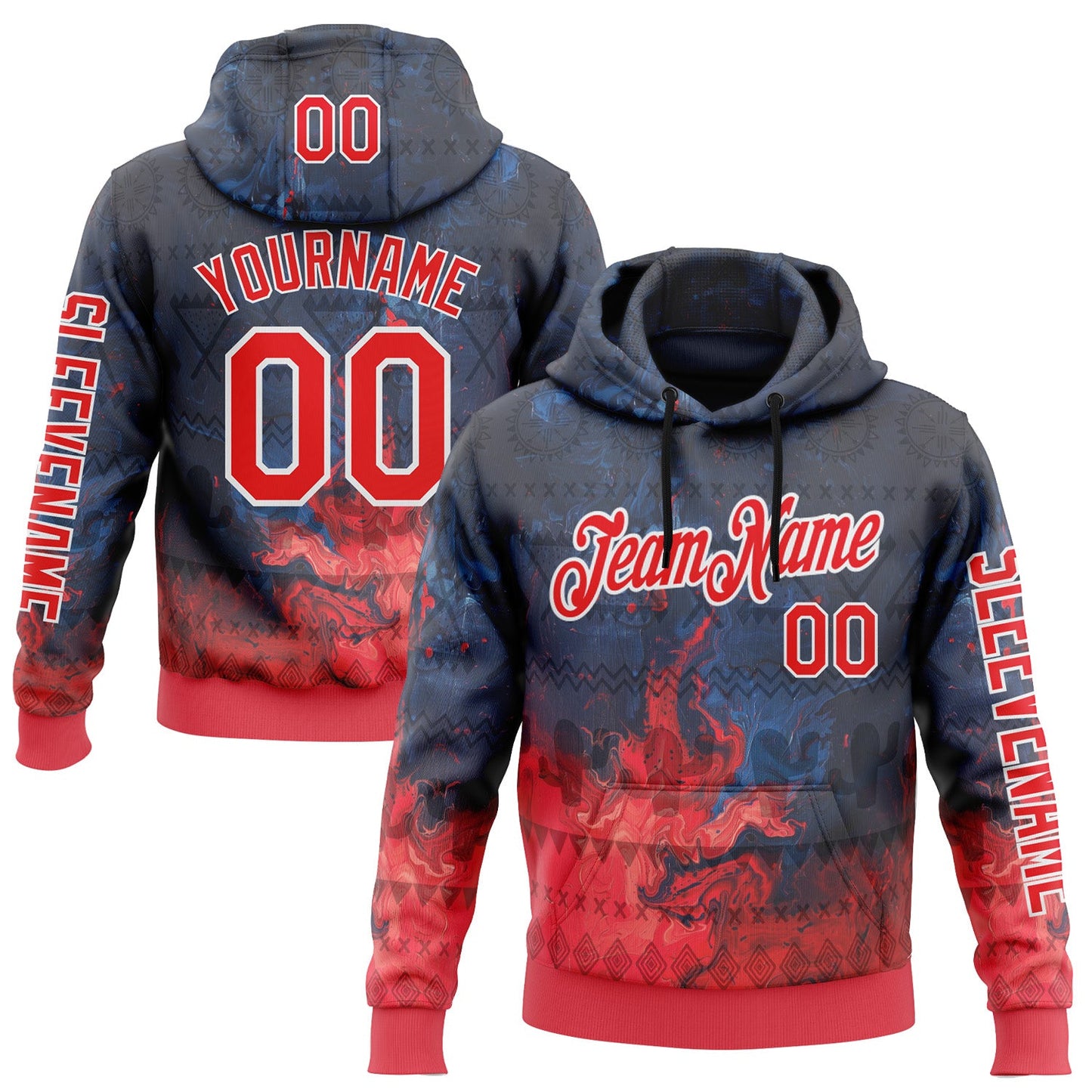 Custom Navy Fire Red-White 3D Pattern Design Ethnic Tribal Sportswear Pullover Sweatshirt Hoodie - Main View