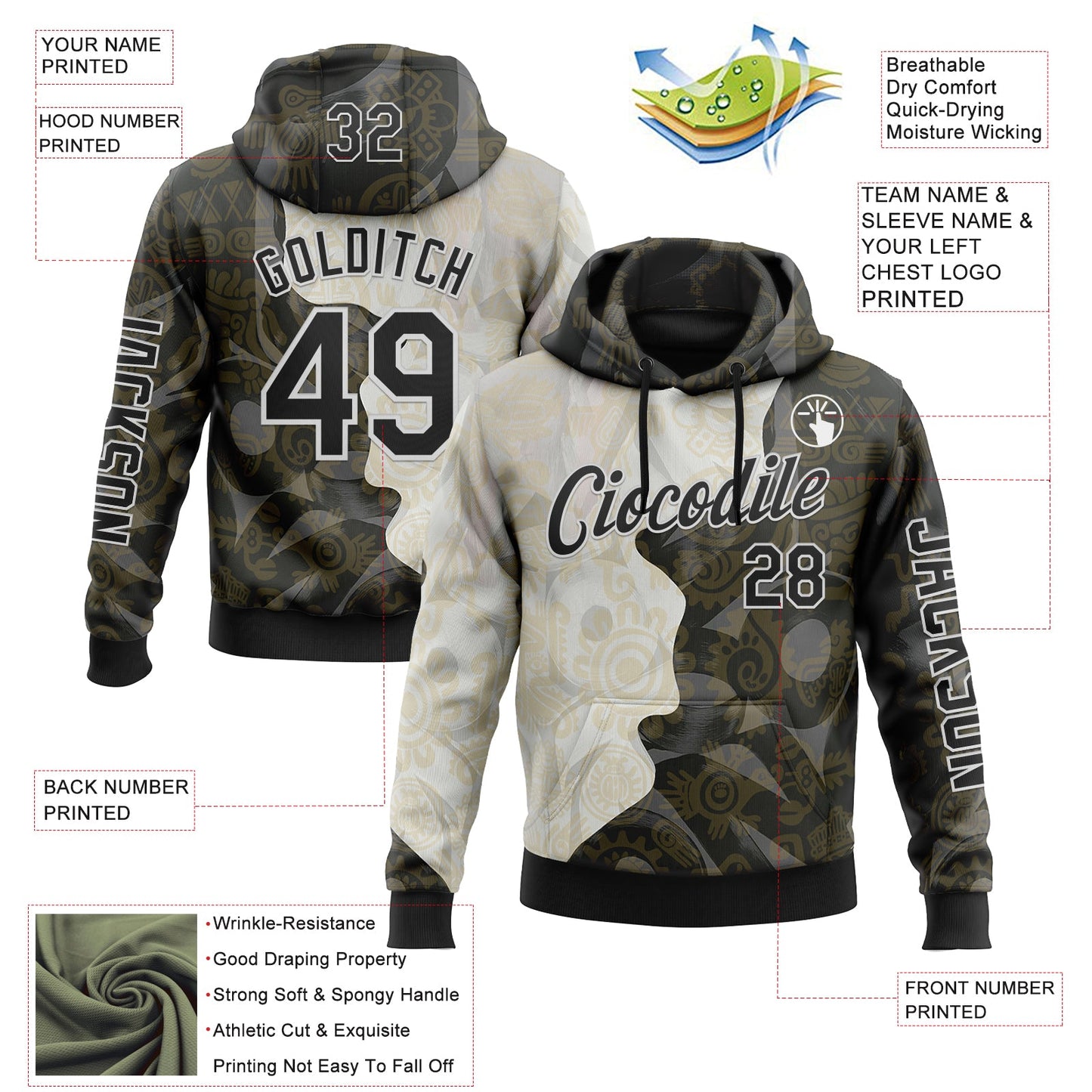 Custom Black Cream-White 3D Pattern Design Ethnic Tribal Sportswear Pullover Sweatshirt Hoodie view 2