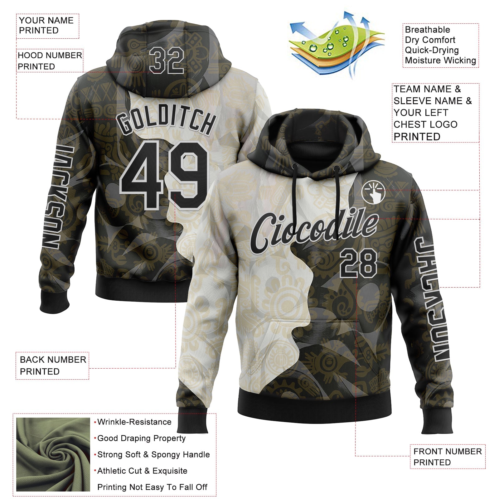 Custom Black Cream-White 3D Pattern Design Ethnic Tribal Sportswear Pullover Sweatshirt Hoodie view 2