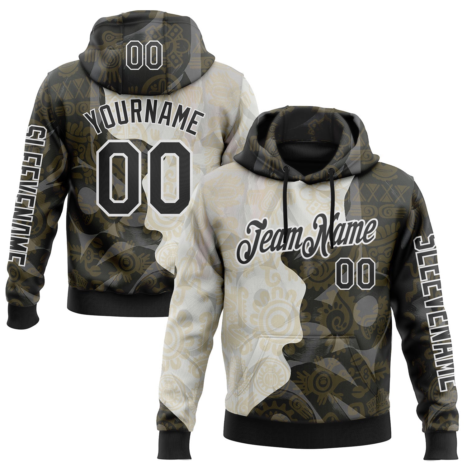 Custom Black Cream-White 3D Pattern Design Ethnic Tribal Sportswear Pullover Sweatshirt Hoodie - Main View