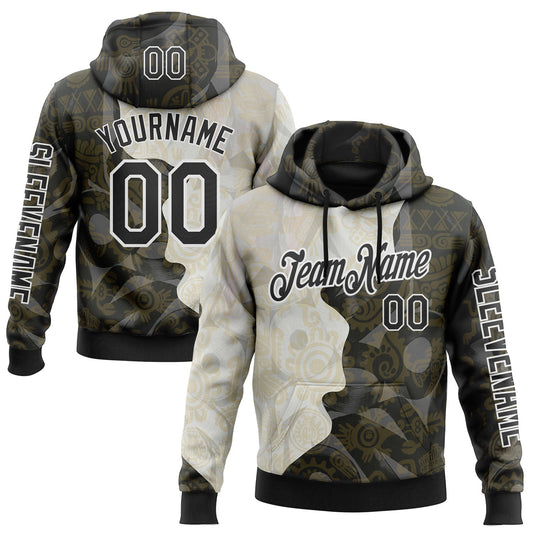 Custom Black Cream-White 3D Pattern Design Ethnic Tribal Sportswear Pullover Sweatshirt Hoodie - Main View