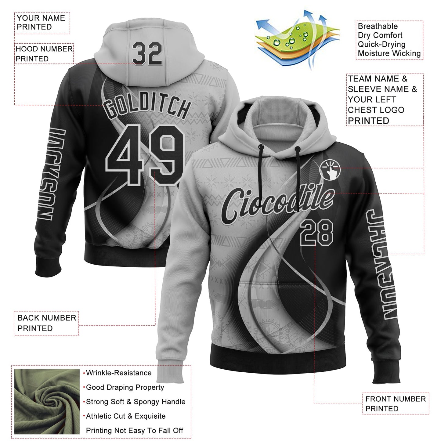 Custom Black Gray-White 3D Pattern Design Ethnic Tribal Sportswear Pullover Sweatshirt Hoodie view 2