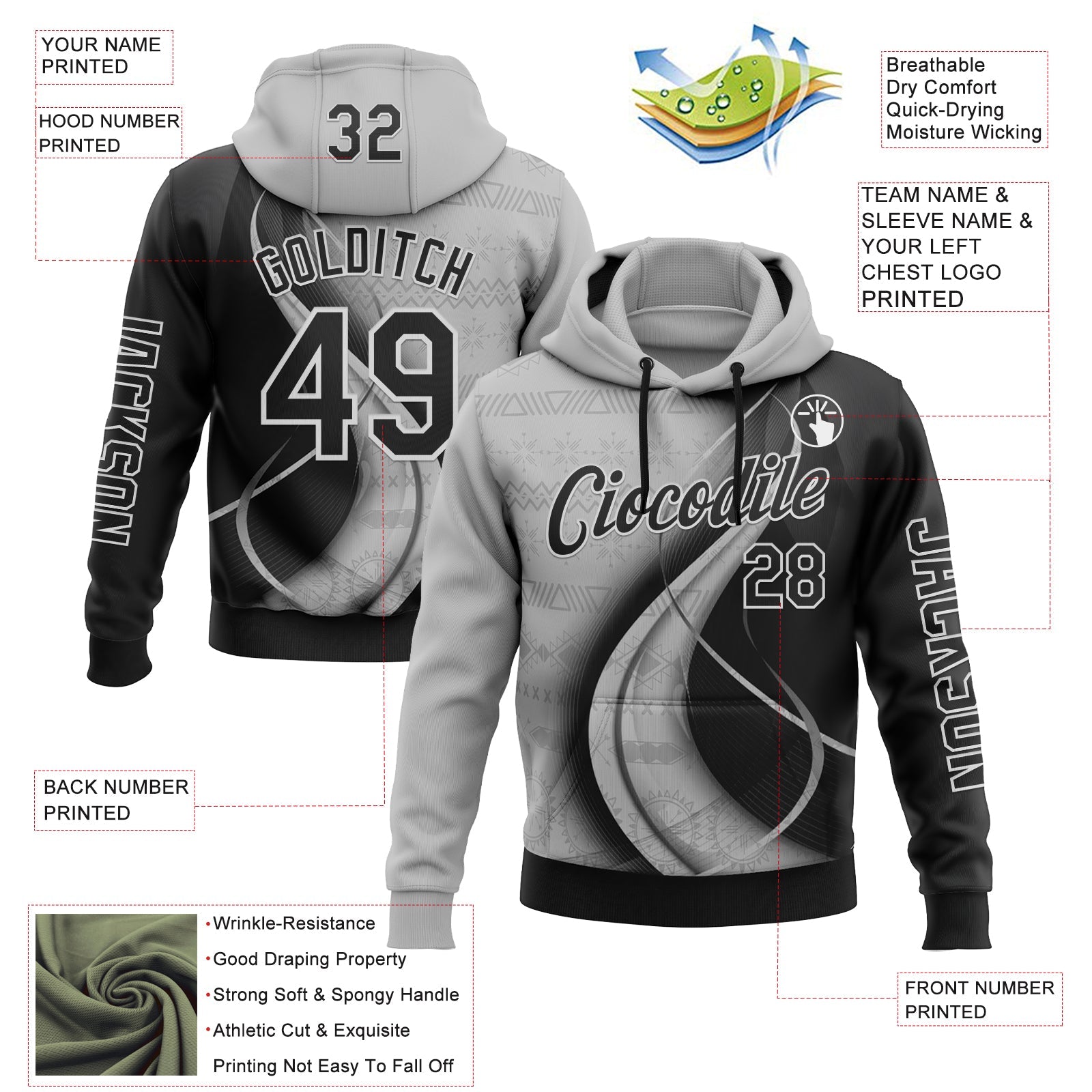 Custom Black Gray-White 3D Pattern Design Ethnic Tribal Sportswear Pullover Sweatshirt Hoodie view 2