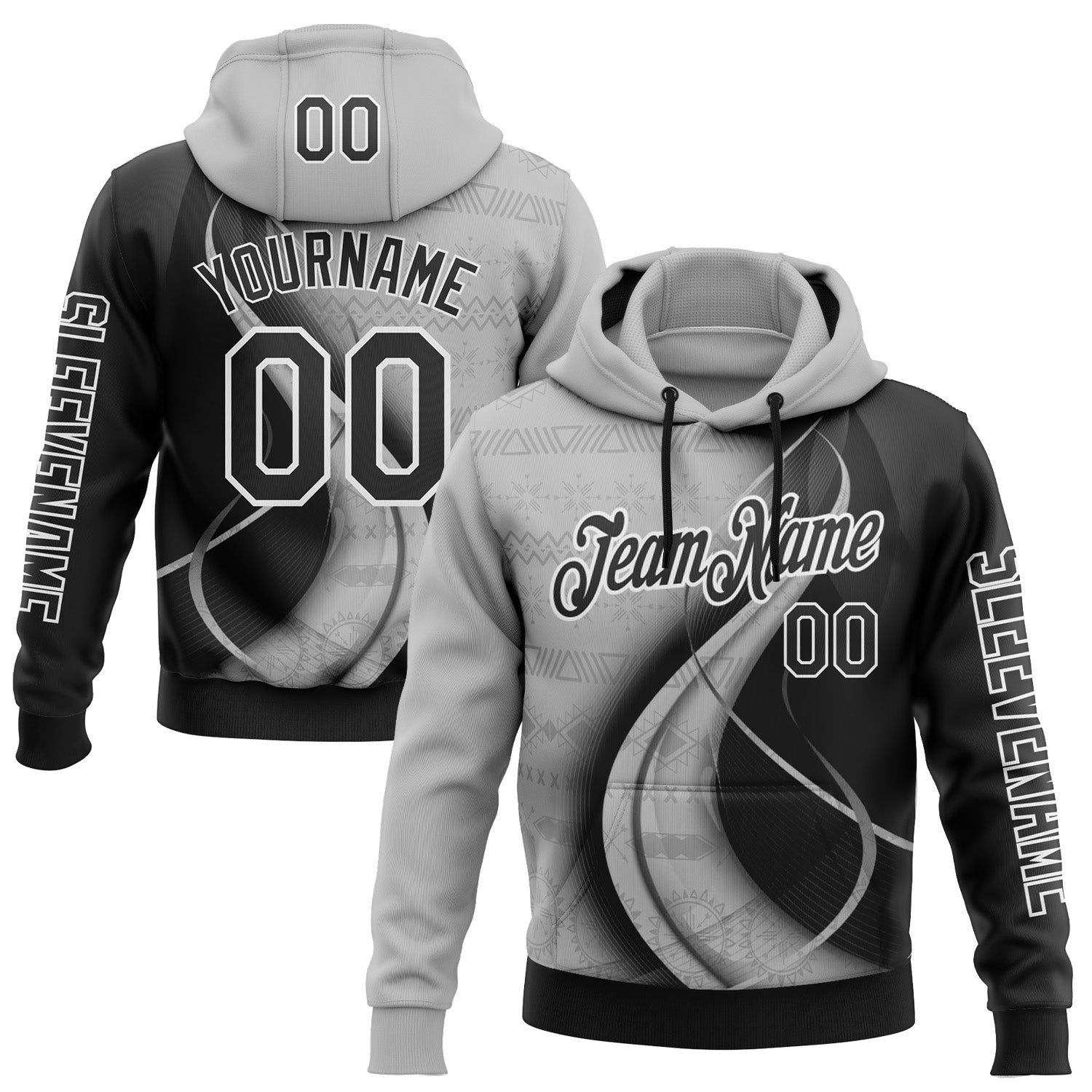 Custom Black Gray-White 3D Pattern Design Ethnic Tribal Sportswear Pullover Sweatshirt Hoodie - Main View