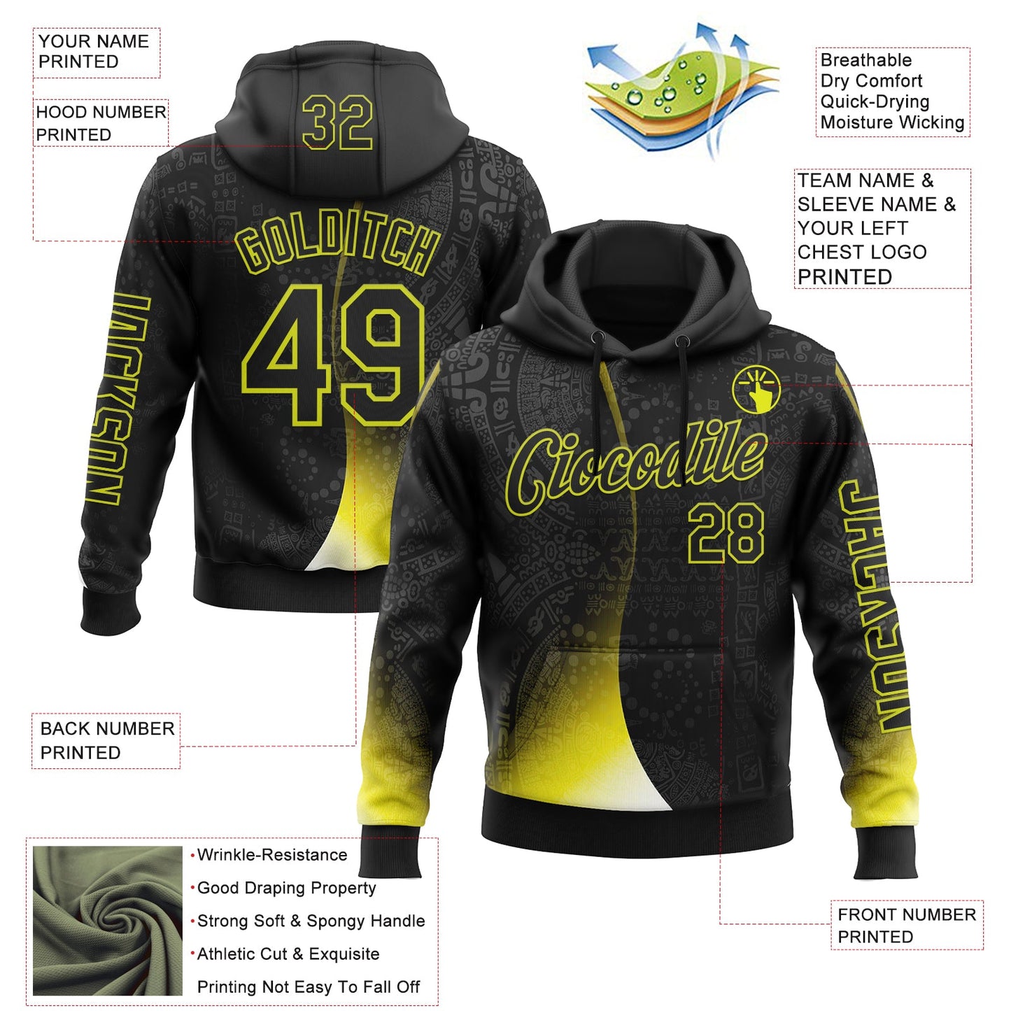 Custom Black Neon Yellow 3D Pattern Design Ethnic Tribal Sportswear Pullover Sweatshirt Hoodie view 2
