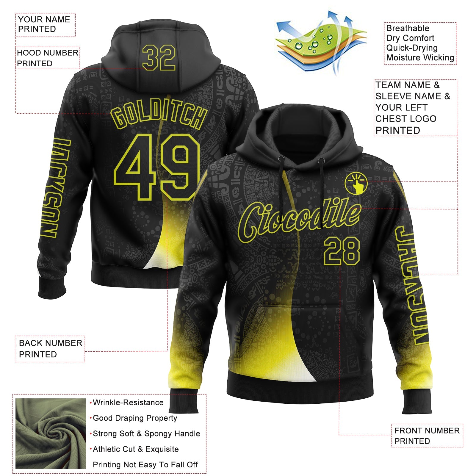 Custom Black Neon Yellow 3D Pattern Design Ethnic Tribal Sportswear Pullover Sweatshirt Hoodie view 2