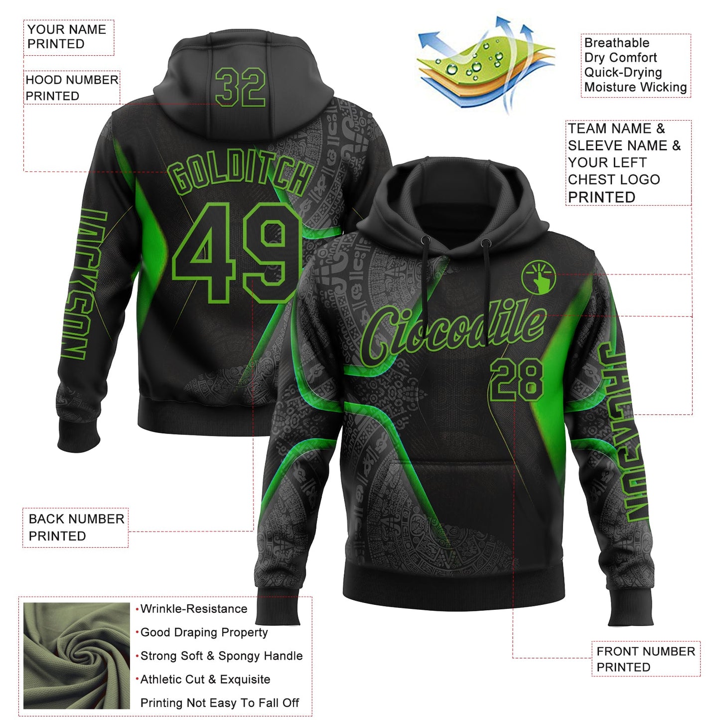 Custom Black Aurora Green 3D Pattern Design Ethnic Tribal Sportswear Pullover Sweatshirt Hoodie view 2