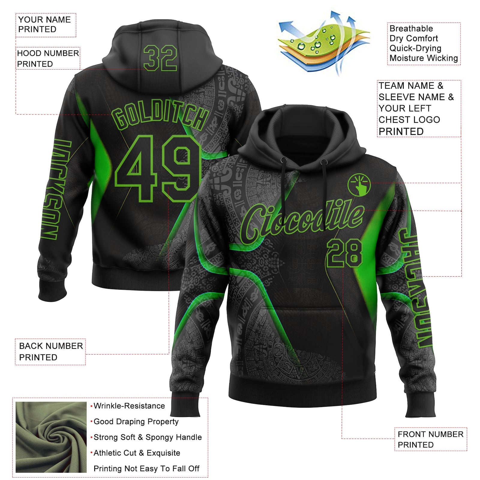Custom Black Aurora Green 3D Pattern Design Ethnic Tribal Sportswear Pullover Sweatshirt Hoodie view 2