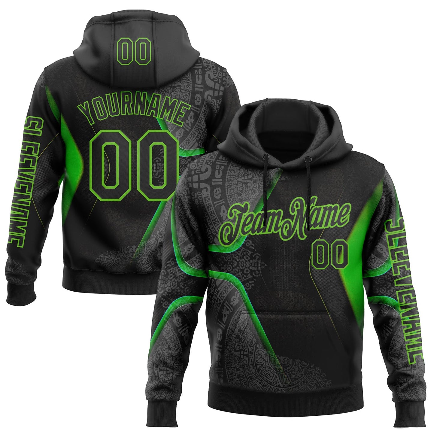 Custom Black Aurora Green 3D Pattern Design Ethnic Tribal Sportswear Pullover Sweatshirt Hoodie - Main View