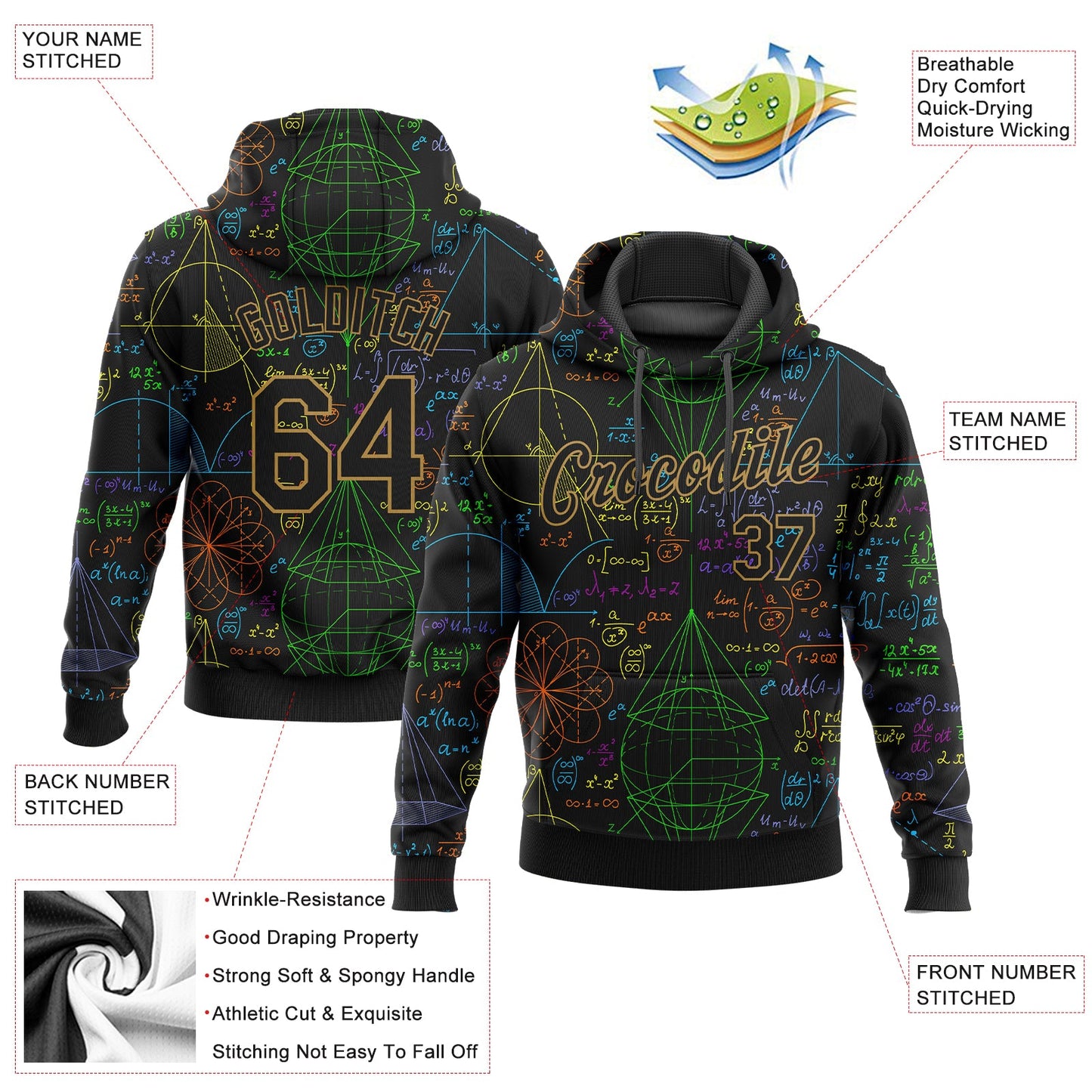 Custom Stitched Black Black-Old Gold 3D Pattern Design Math Sports Pullover Sweatshirt Hoodie view 2
