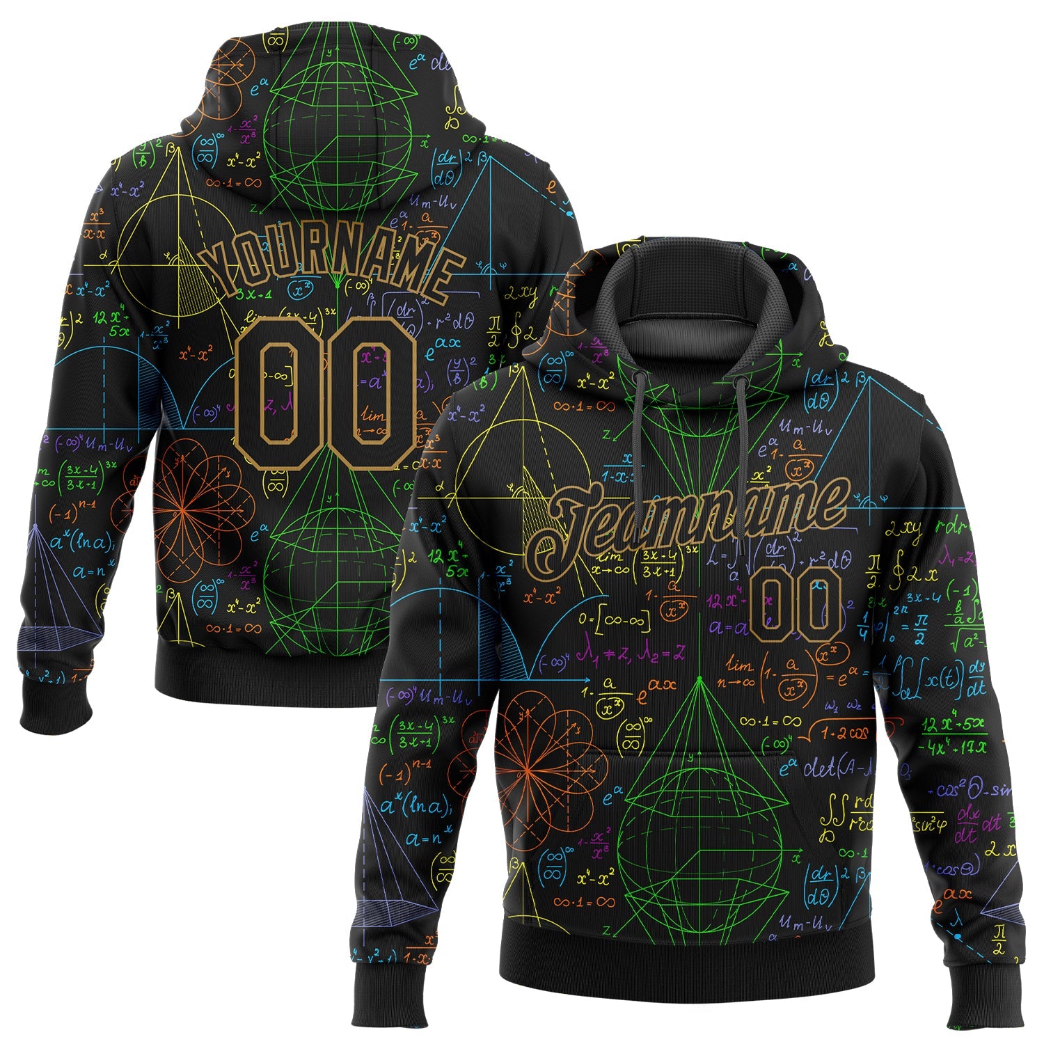Custom Stitched Black Black-Old Gold 3D Pattern Design Math Sports Pullover Sweatshirt Hoodie - Main View