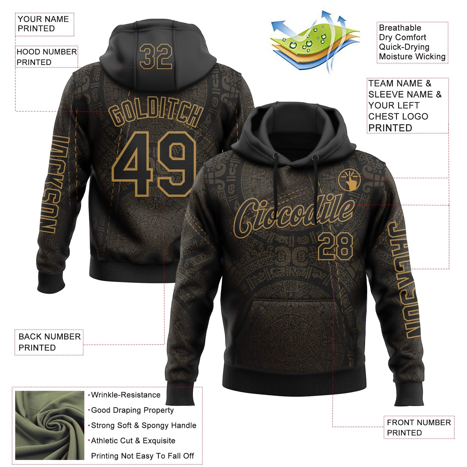 Custom Black Old Gold 3D Pattern Design Ethnic Tribal Sportswear Pullover Sweatshirt Hoodie view 2
