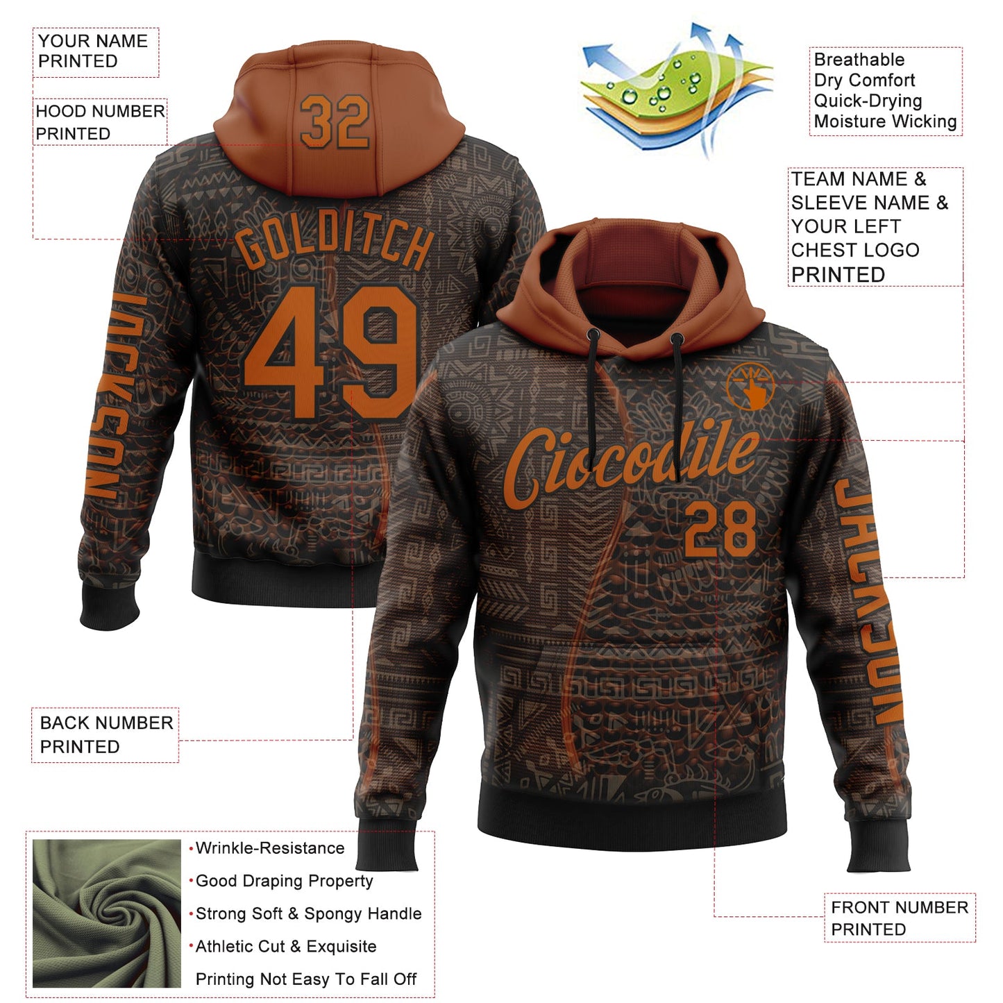 Custom Black Texas Orange 3D Pattern Design Ethnic Tribal Sportswear Pullover Sweatshirt Hoodie view 2