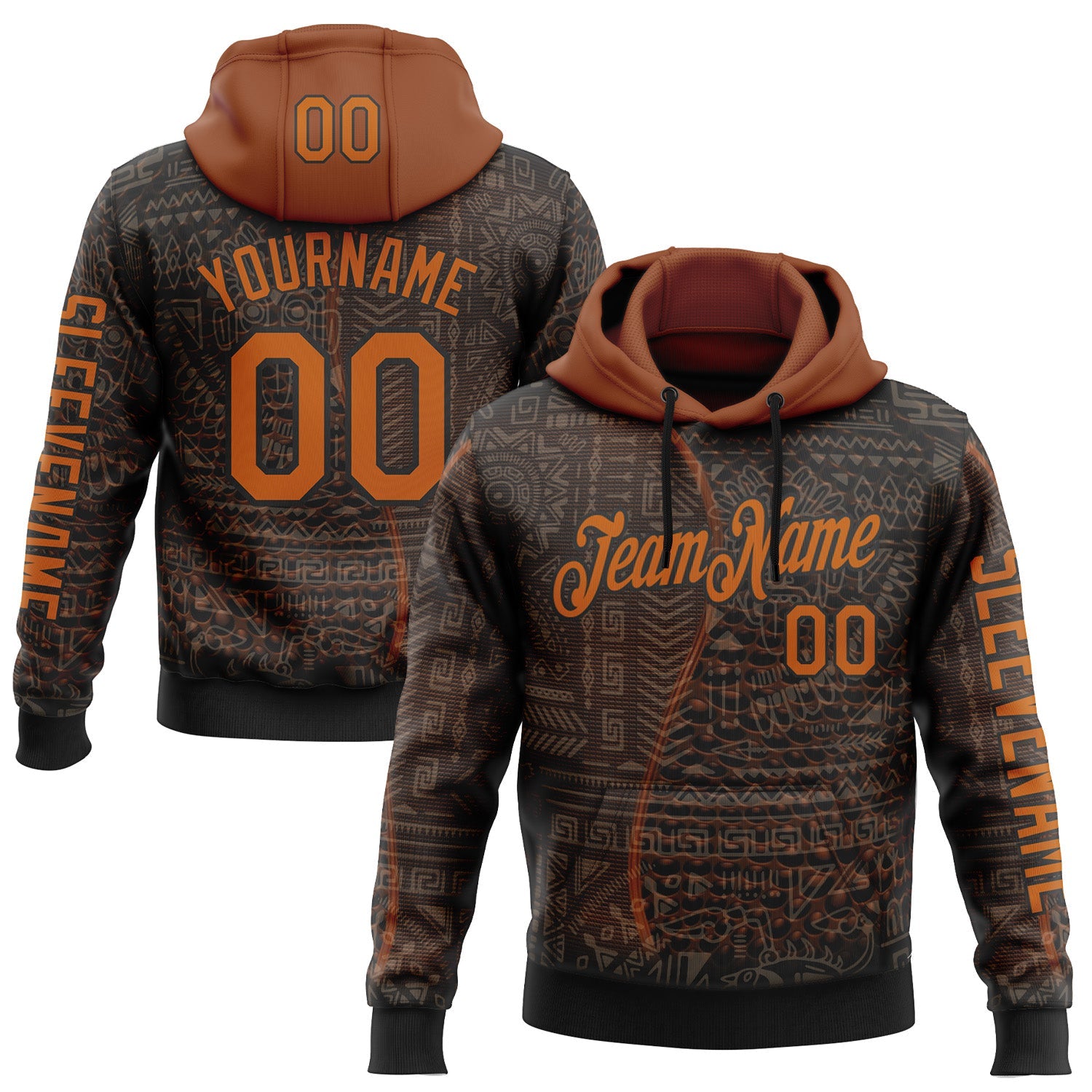 Custom Black Texas Orange 3D Pattern Design Ethnic Tribal Sportswear Pullover Sweatshirt Hoodie - Main View