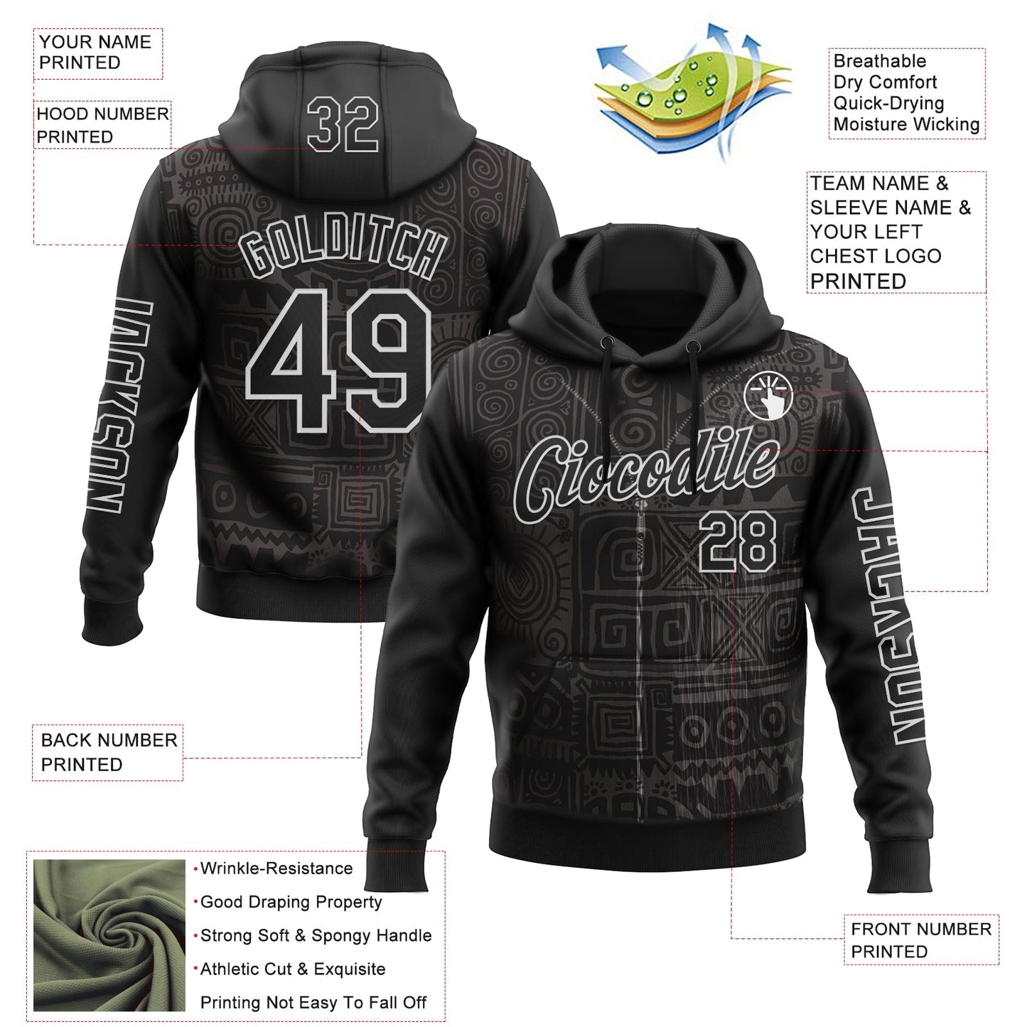Custom Black White 3D Pattern Design Ethnic Tribal Sportswear Pullover Sweatshirt Hoodie view 2