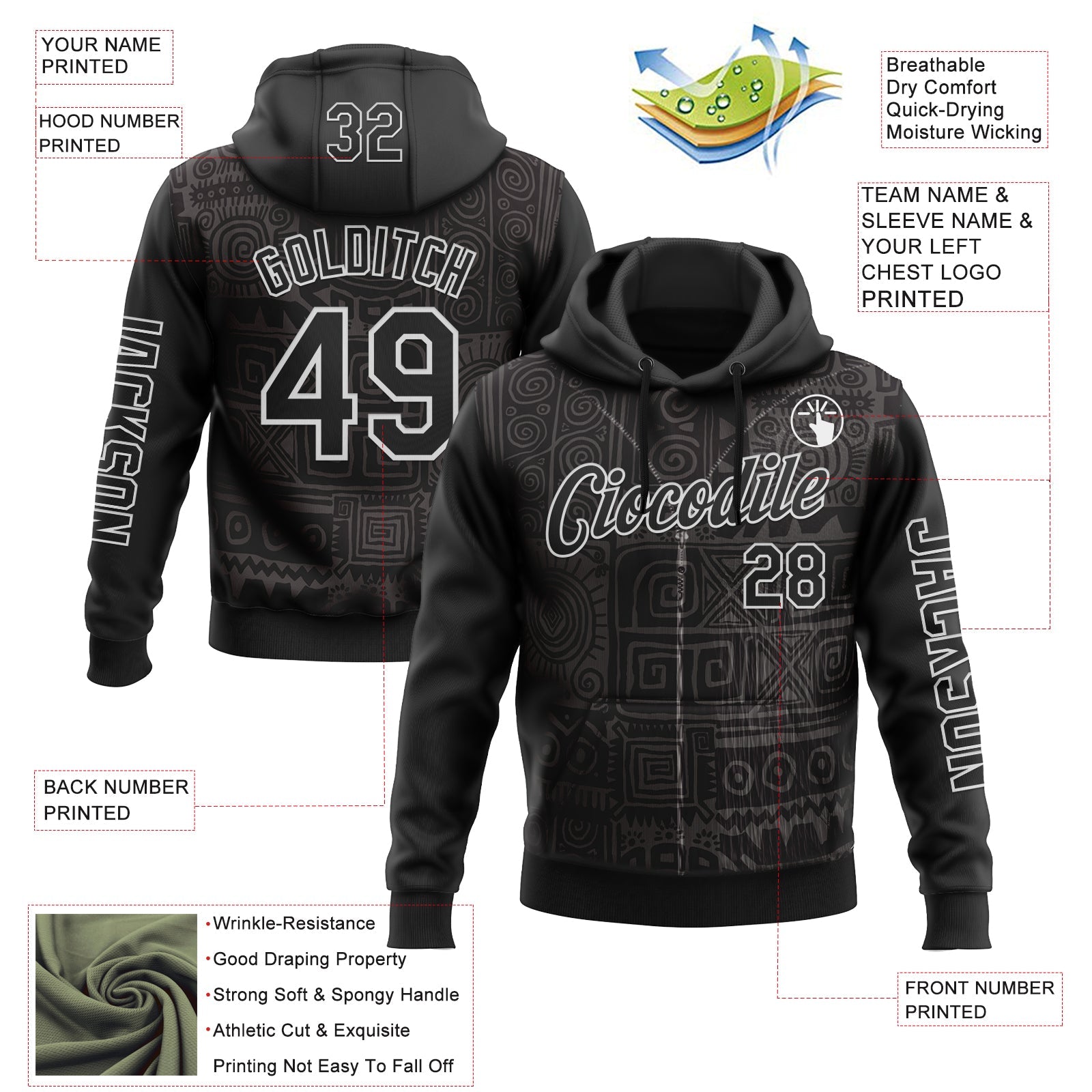 Custom Black White 3D Pattern Design Ethnic Tribal Sportswear Pullover Sweatshirt Hoodie view 2