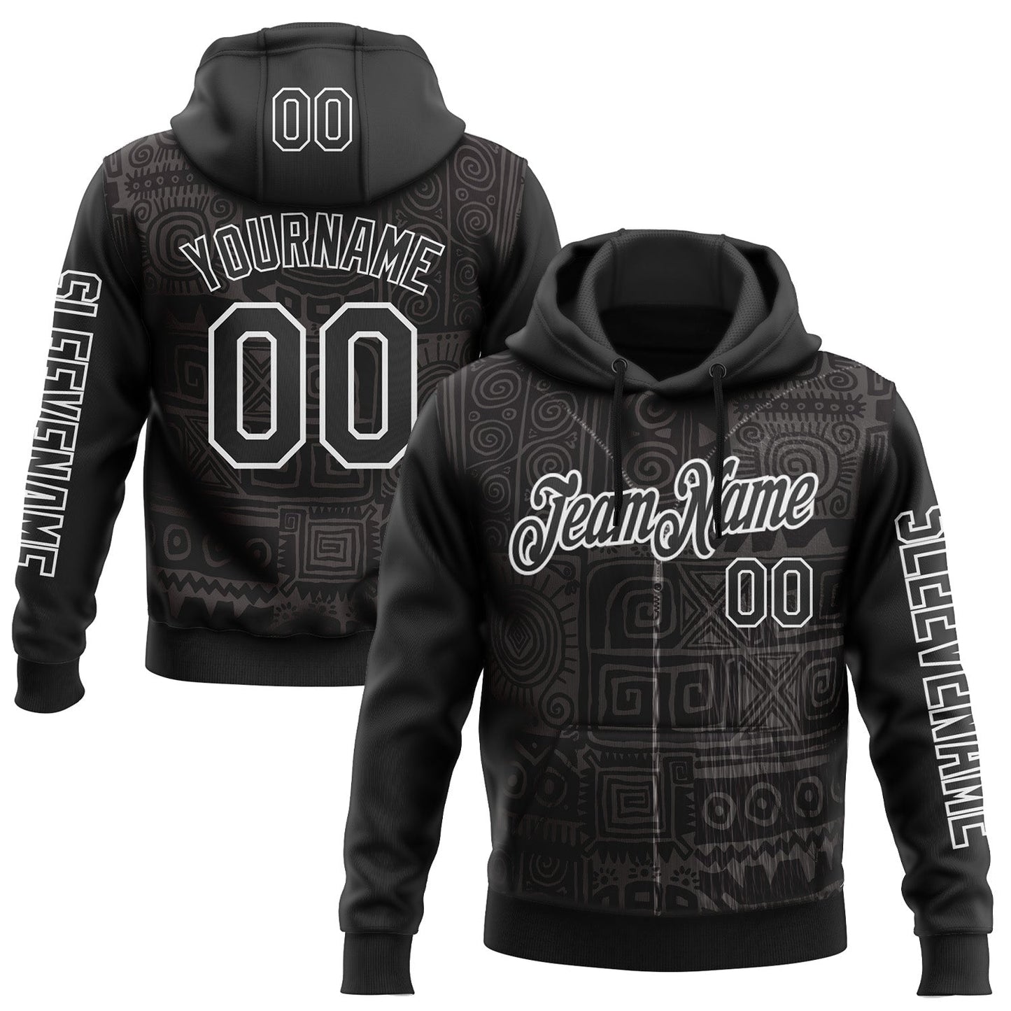 Custom Black White 3D Pattern Design Ethnic Tribal Sportswear Pullover Sweatshirt Hoodie - Main View