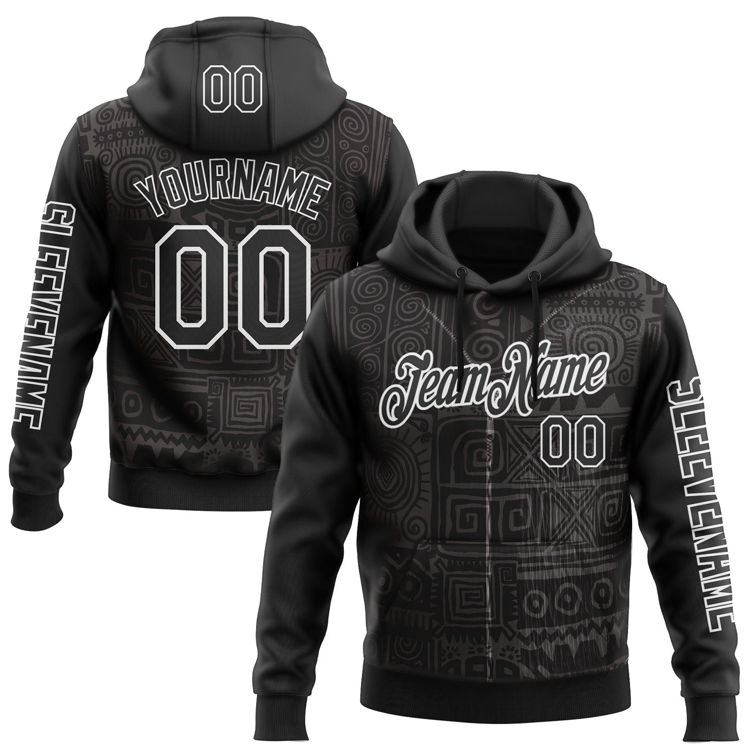 Custom Black White 3D Pattern Design Ethnic Tribal Sportswear Pullover Sweatshirt Hoodie - Main View