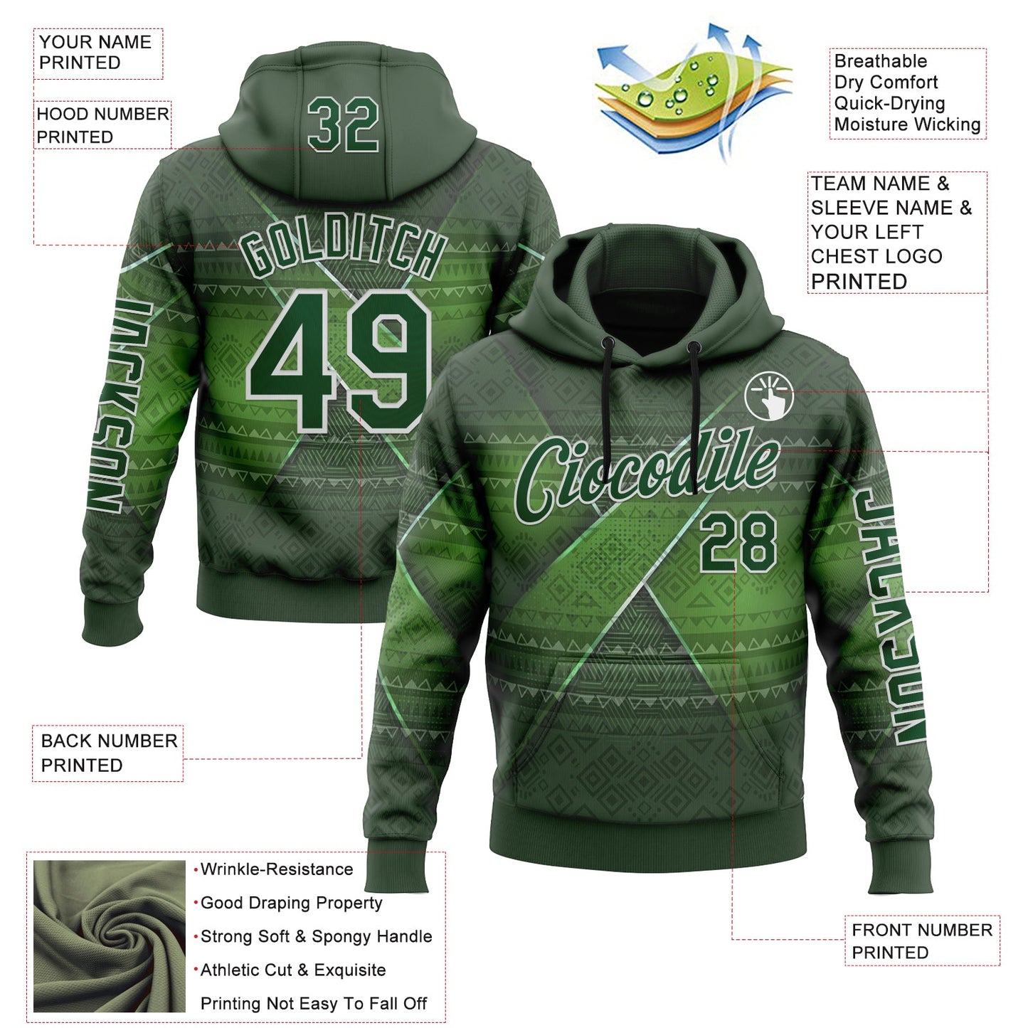 Custom Green White 3D Pattern Design Ethnic Tribal Sportswear Pullover Sweatshirt Hoodie view 2