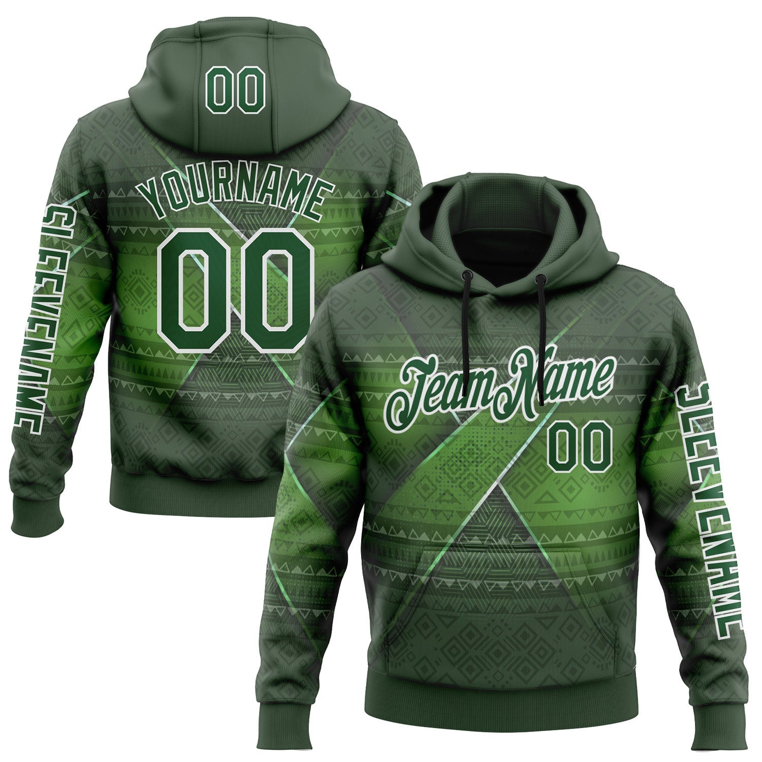 Custom Green White 3D Pattern Design Ethnic Tribal Sportswear Pullover Sweatshirt Hoodie - Main View