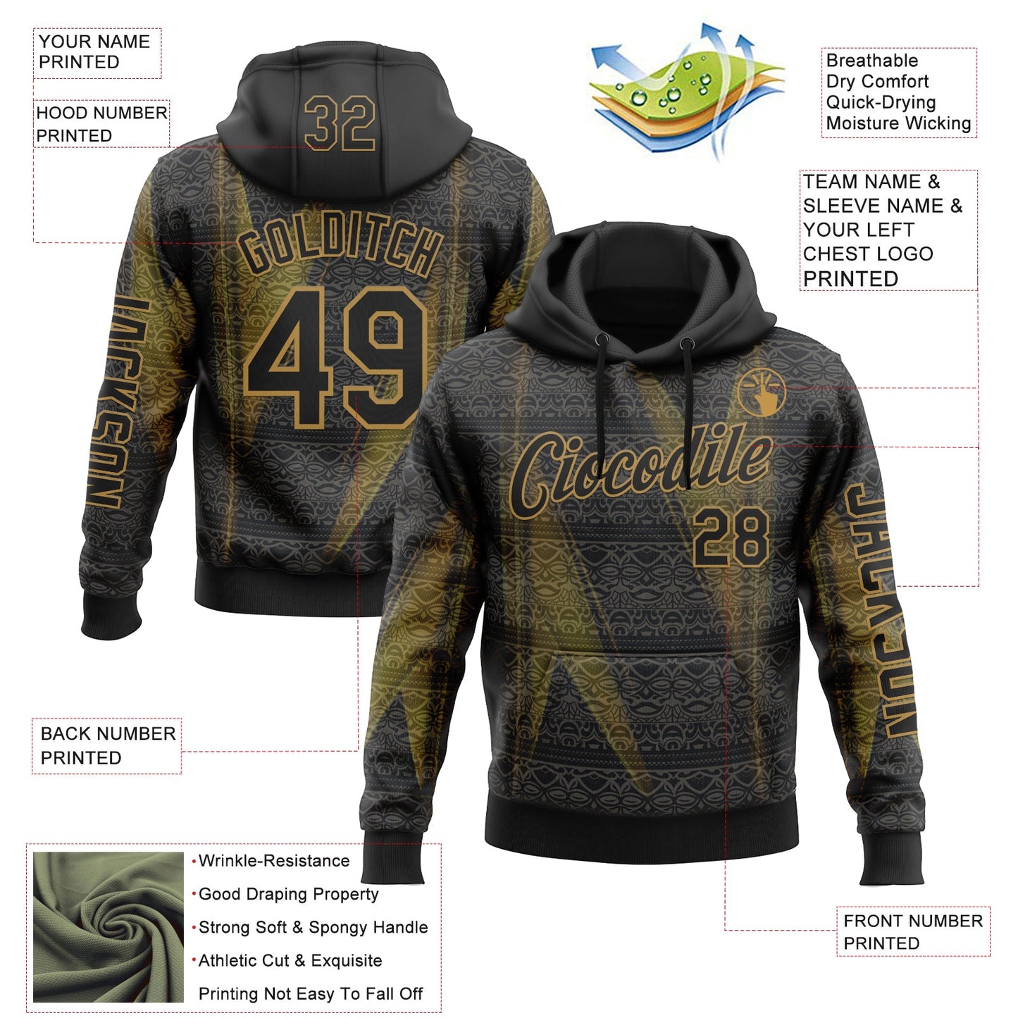 Custom Black Old Gold 3D Pattern Design Ethnic Tribal Sportswear Pullover Sweatshirt Hoodie view 2