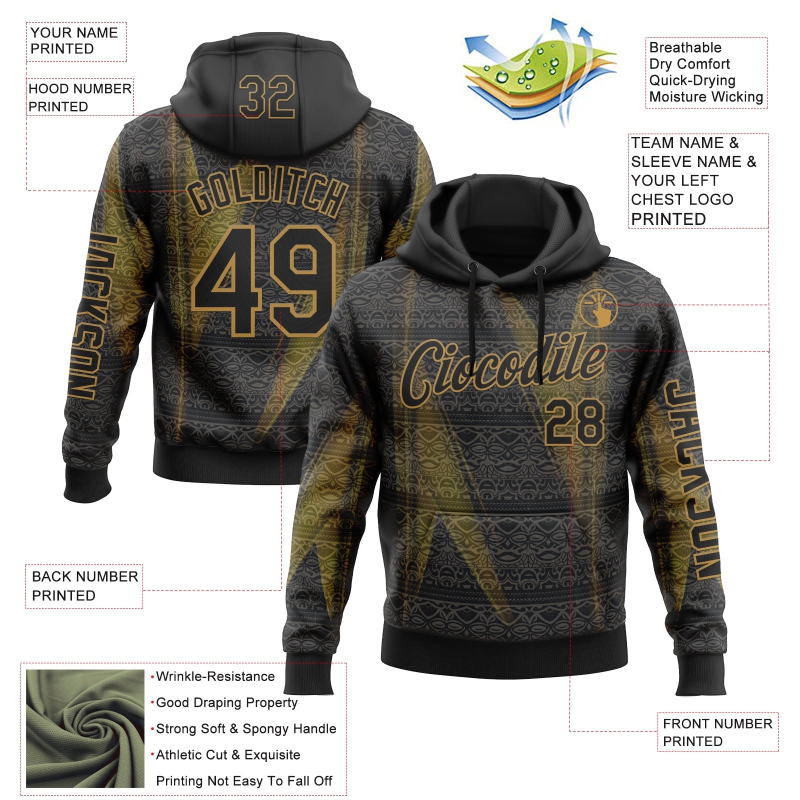 Custom Black Old Gold 3D Pattern Design Ethnic Tribal Sportswear Pullover Sweatshirt Hoodie view 2