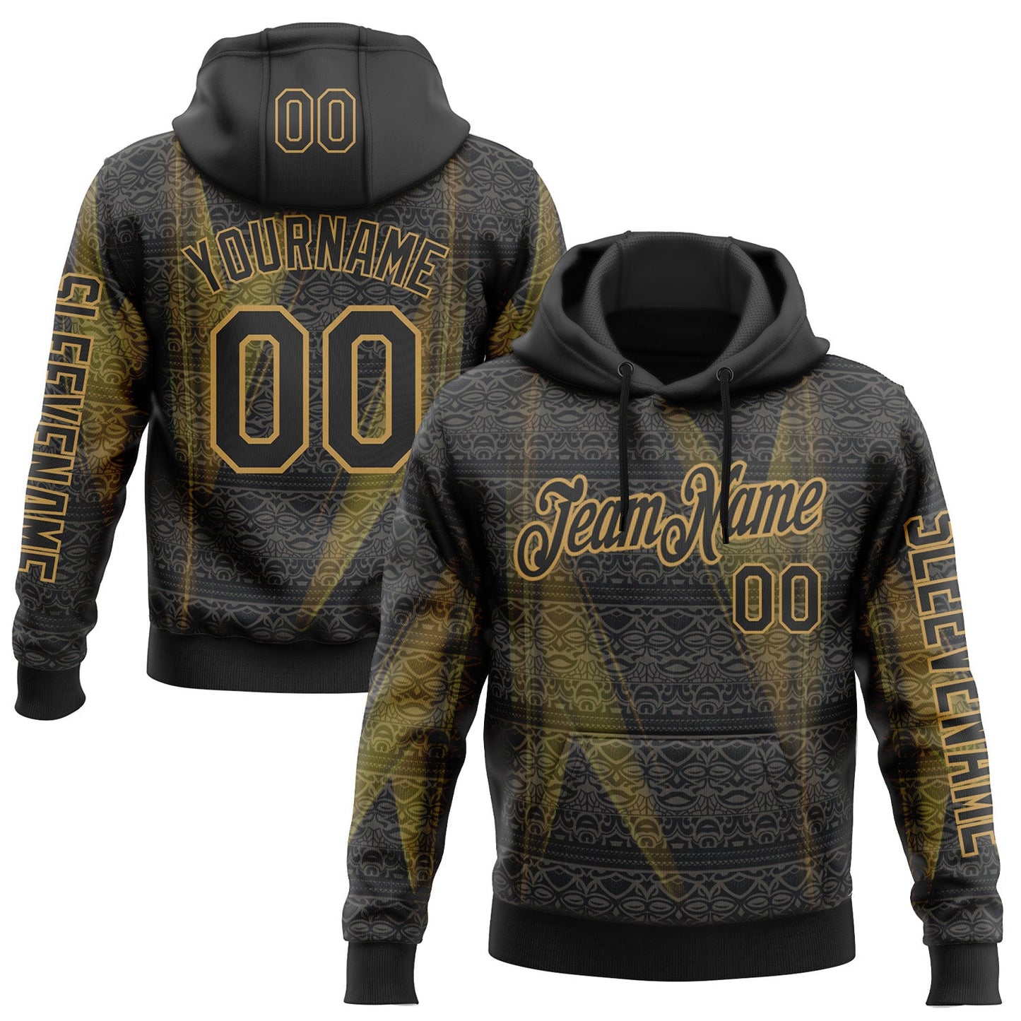 Custom Black Old Gold 3D Pattern Design Ethnic Tribal Sportswear Pullover Sweatshirt Hoodie - Main View