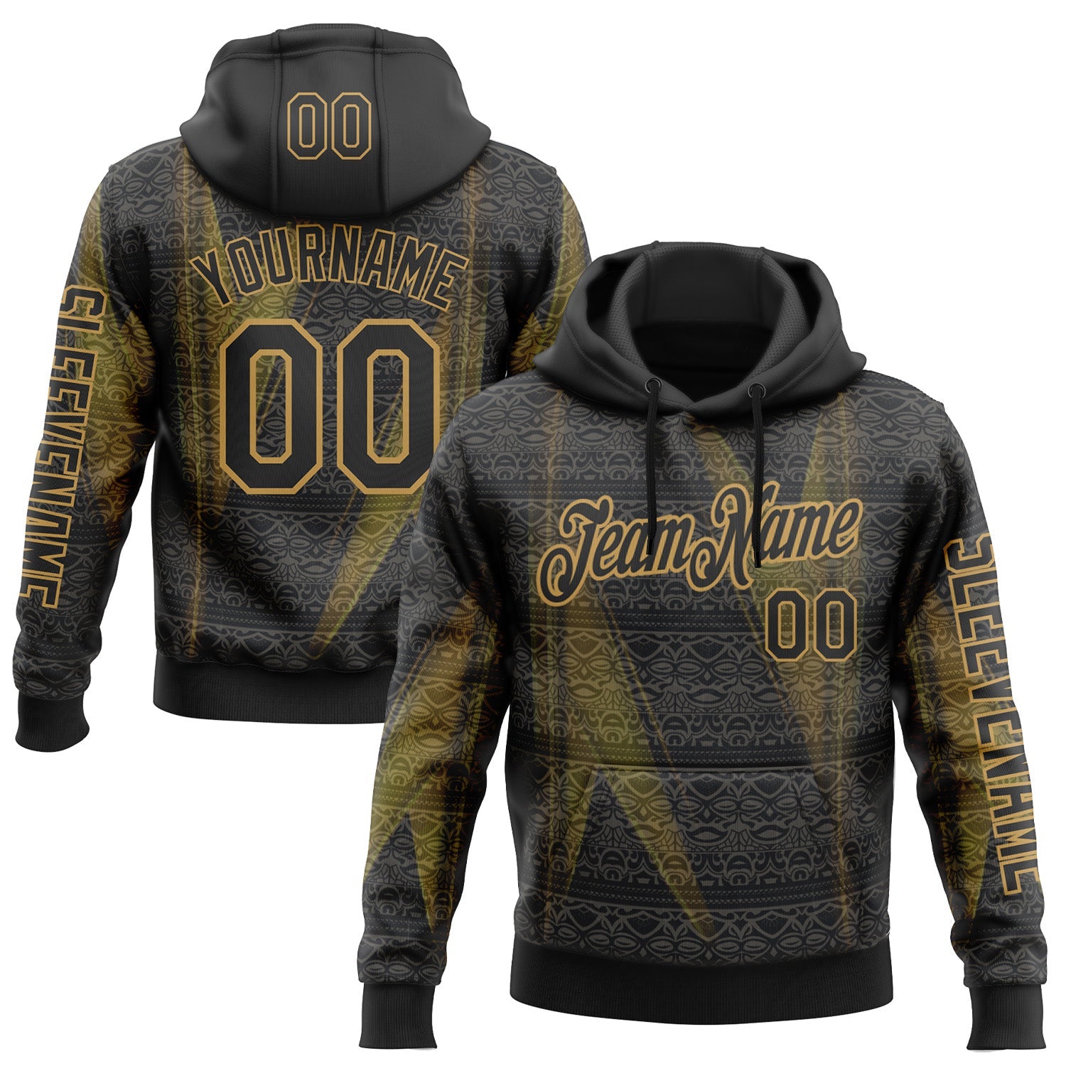 Custom Black Old Gold 3D Pattern Design Ethnic Tribal Sportswear Pullover Sweatshirt Hoodie - Main View