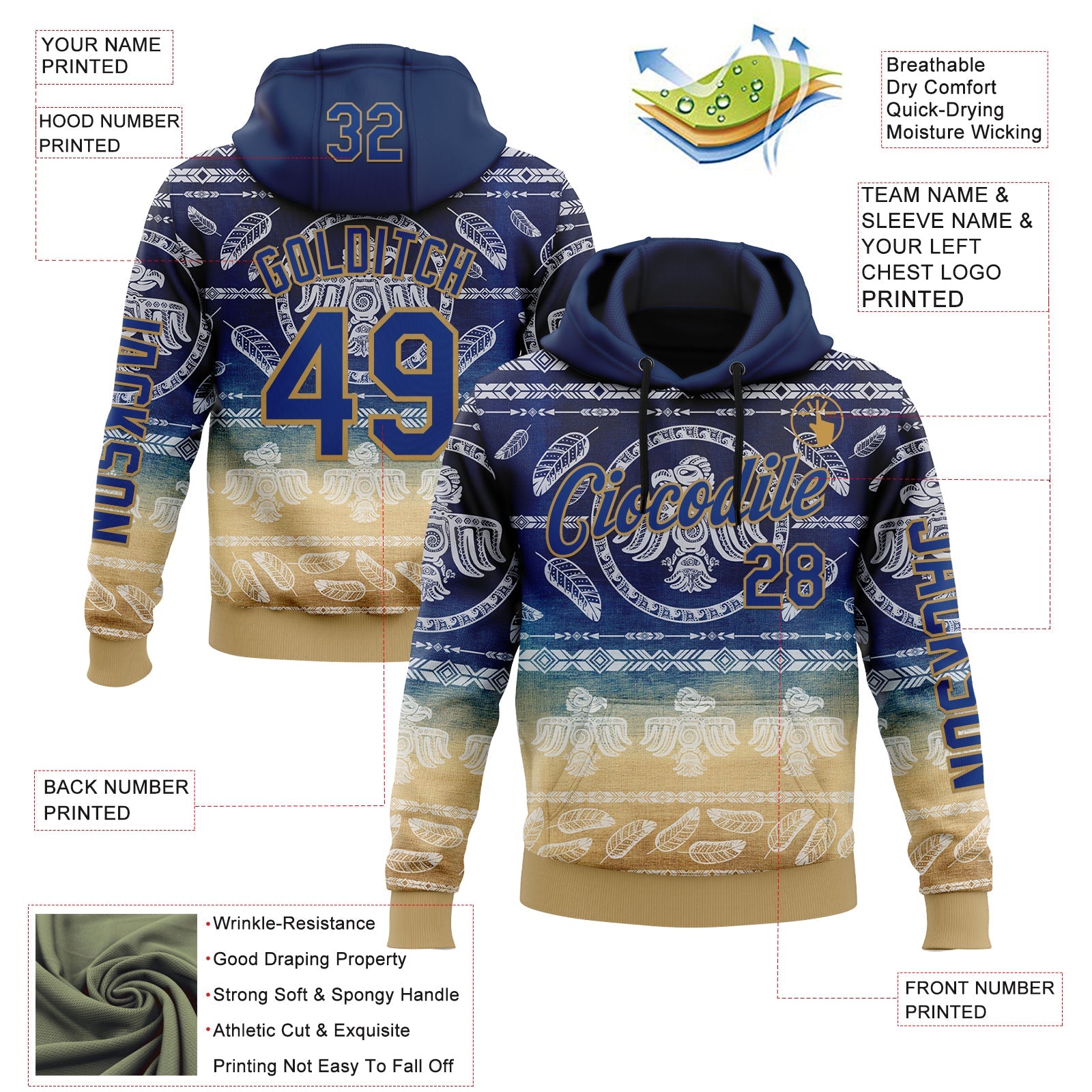 Custom Blue Royal-Old Gold 3D Pattern Design Ethnic Tribal Sportswear Pullover Sweatshirt Hoodie view 2